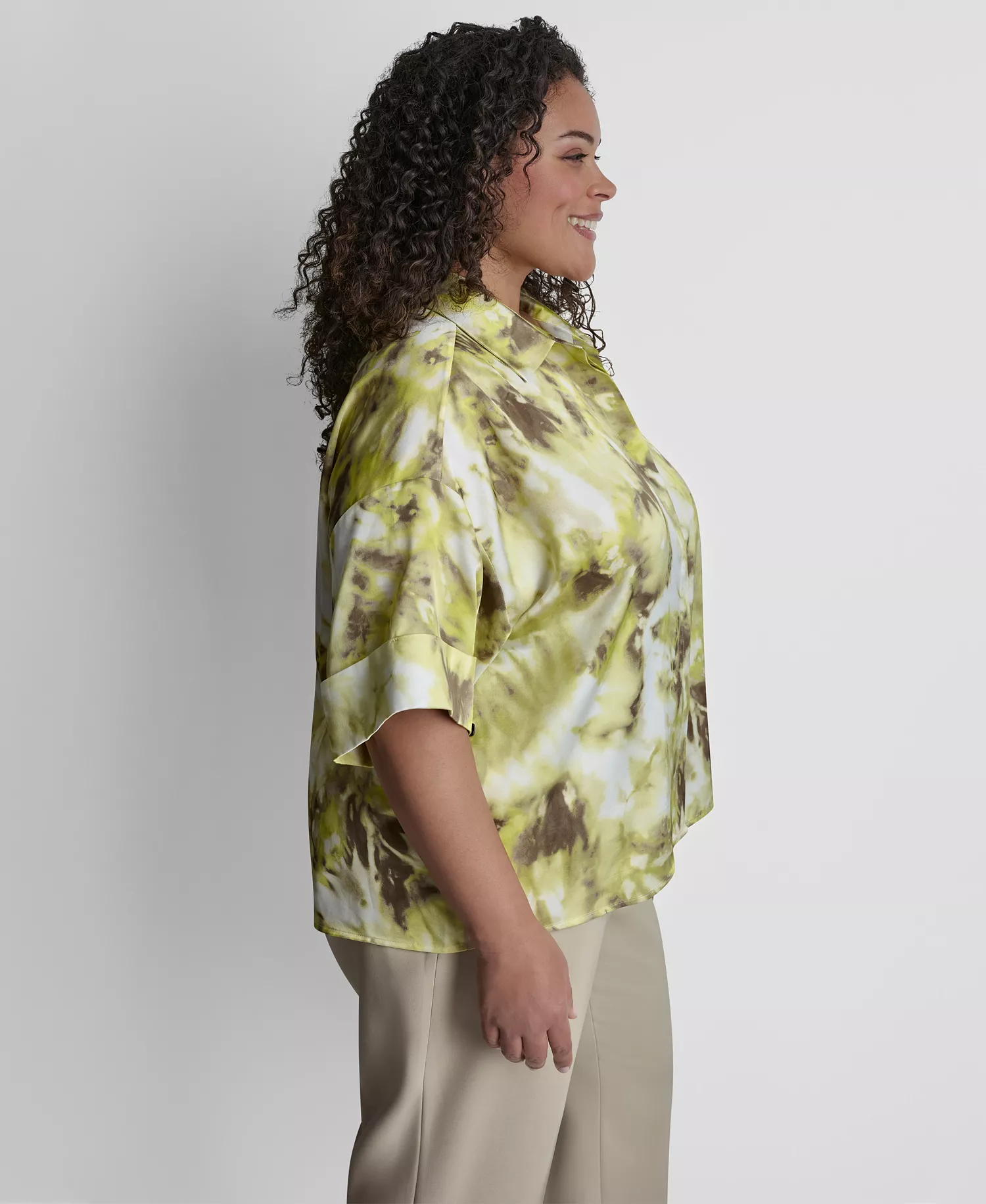 Plus Size Collared Neck Satin Top - Sage/Lime Green - 1X