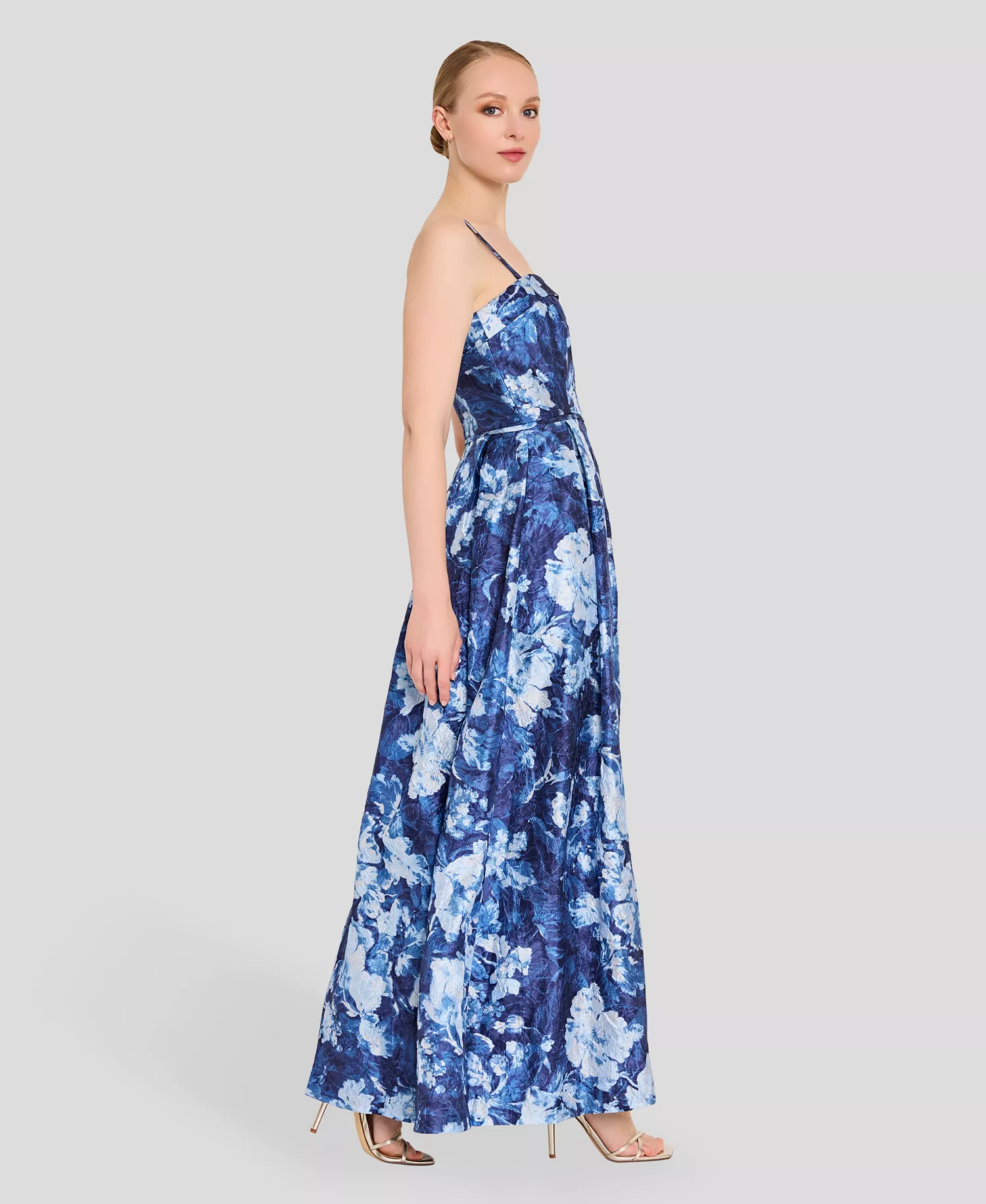 Women's Square Neck Floral Printed Ball Gown - Navy - 10