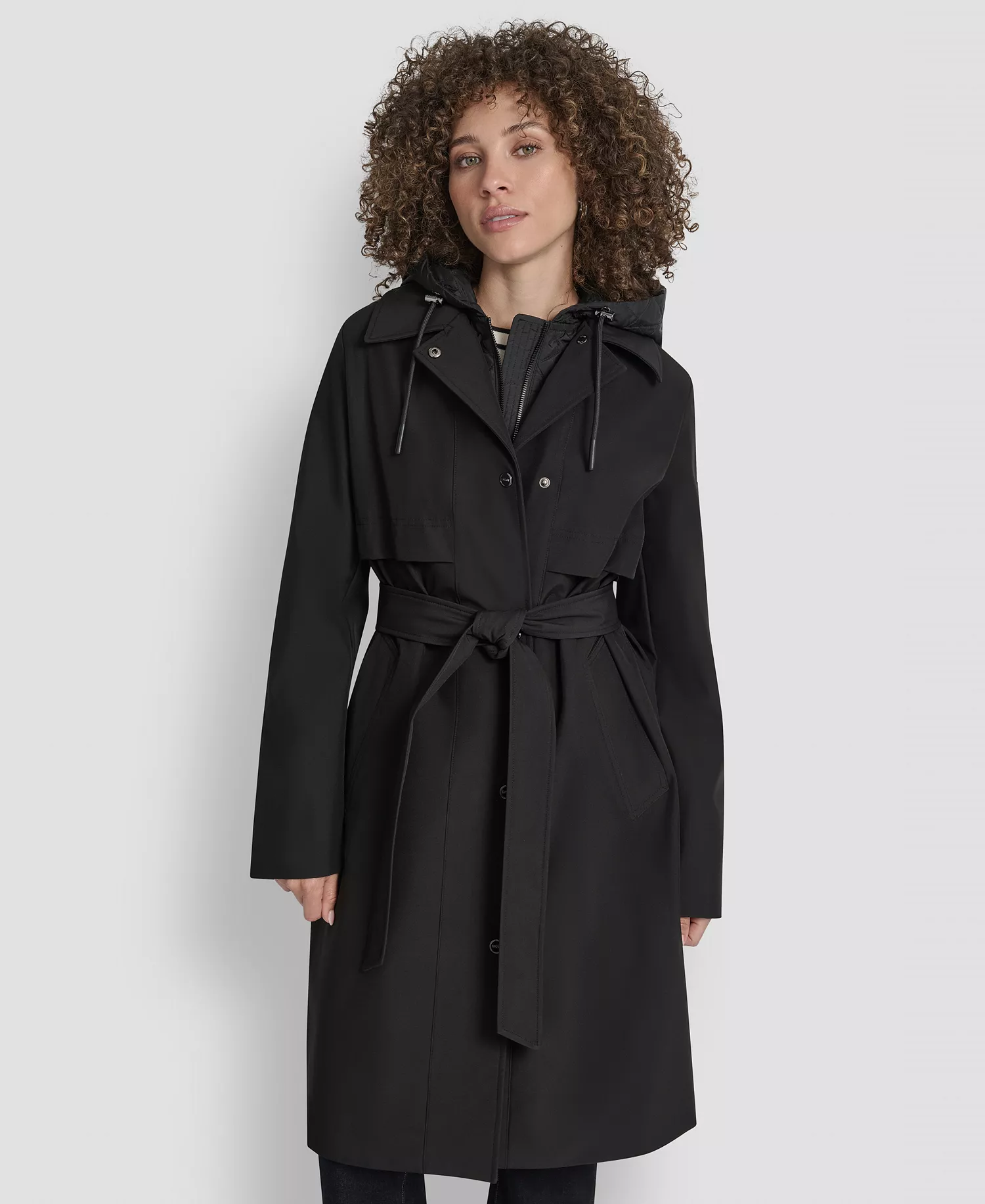 Women's Hooded Bibbed Belted Trench Coat - Black - L