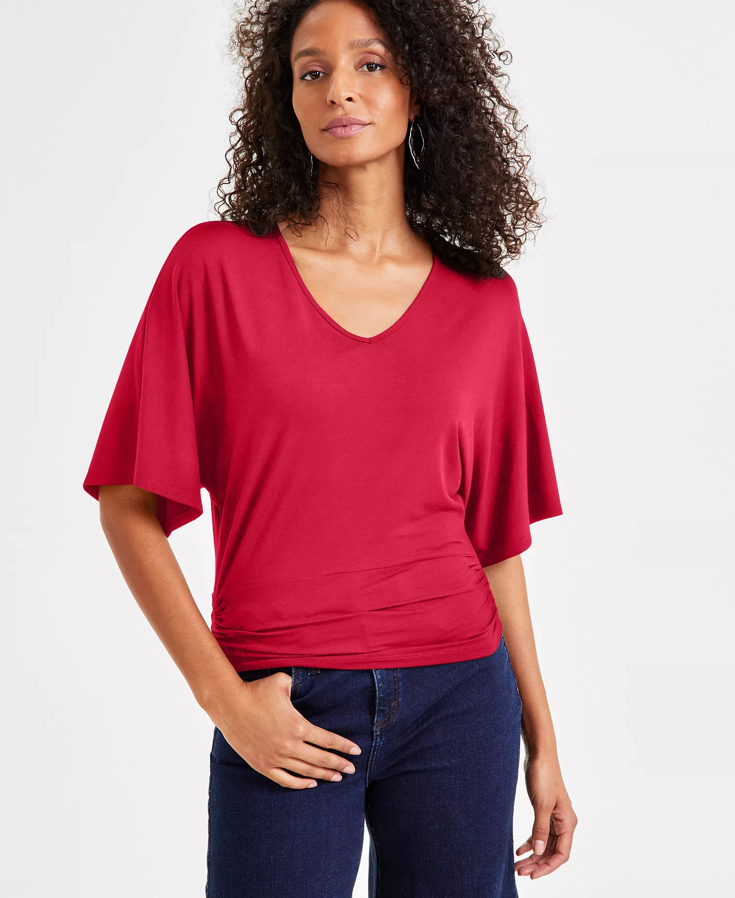 Women's V-Neck Dolman-Sleeve Top, Exclusively at Macy's  - Bright Crimson - L