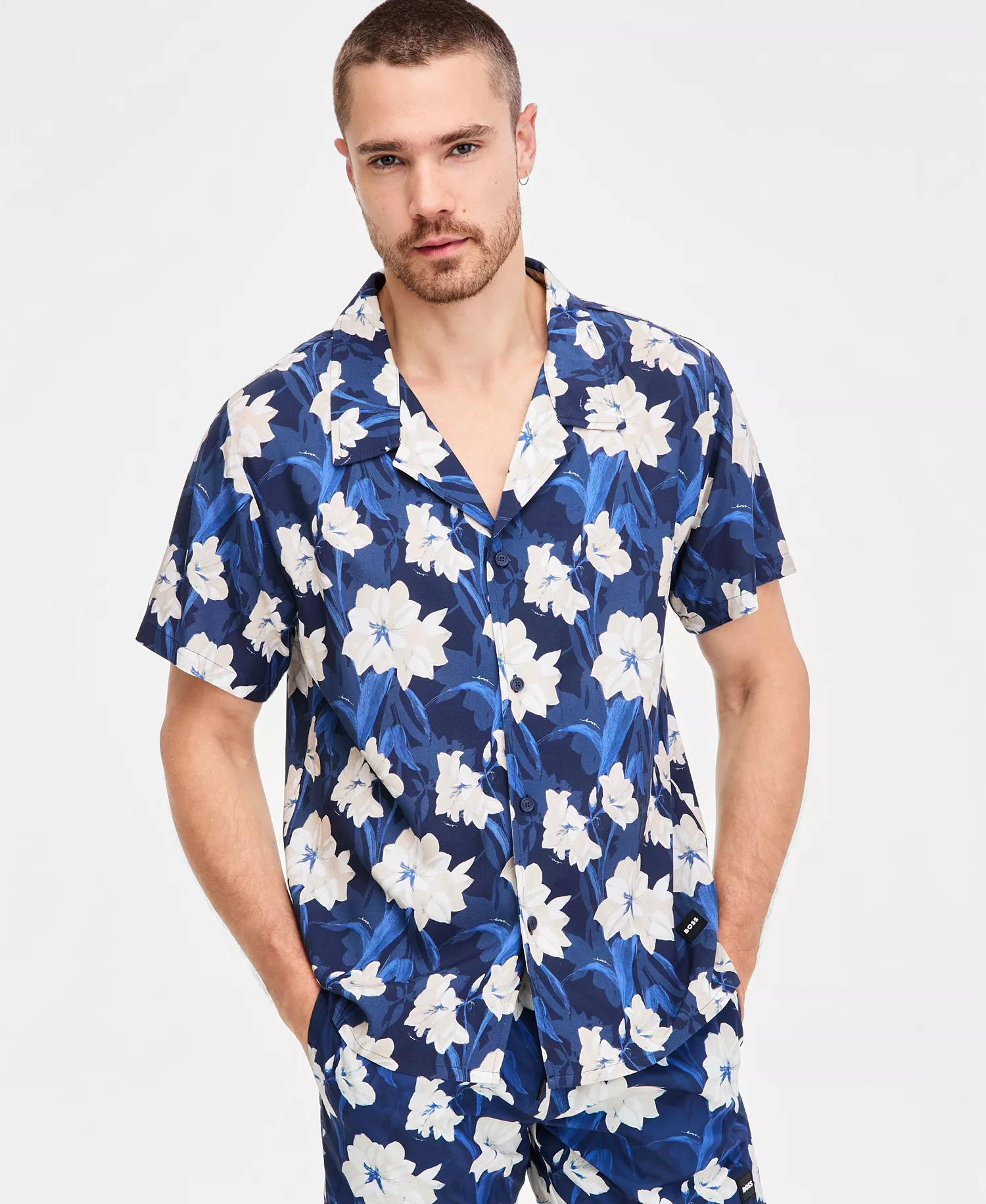 Men's Tropical Printed Button-Down Swim Shirt - Blue Floral - 2XL