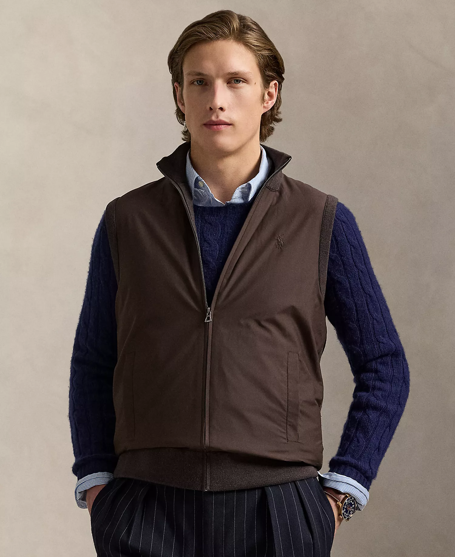 Men's Hybrid Full-Zip Sweater Vest - Brown Combo - 2XL