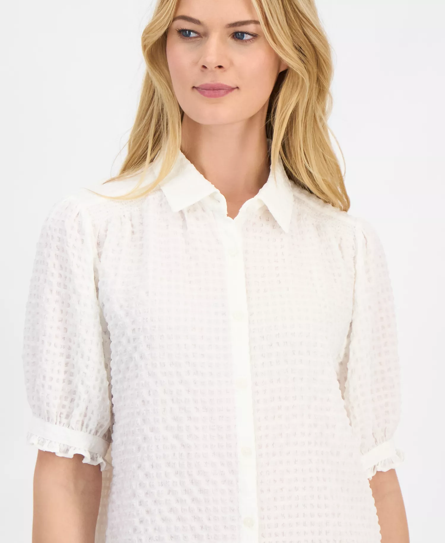 Women's Checked Short-Sleeve Smocked Blouse - Ivory - L