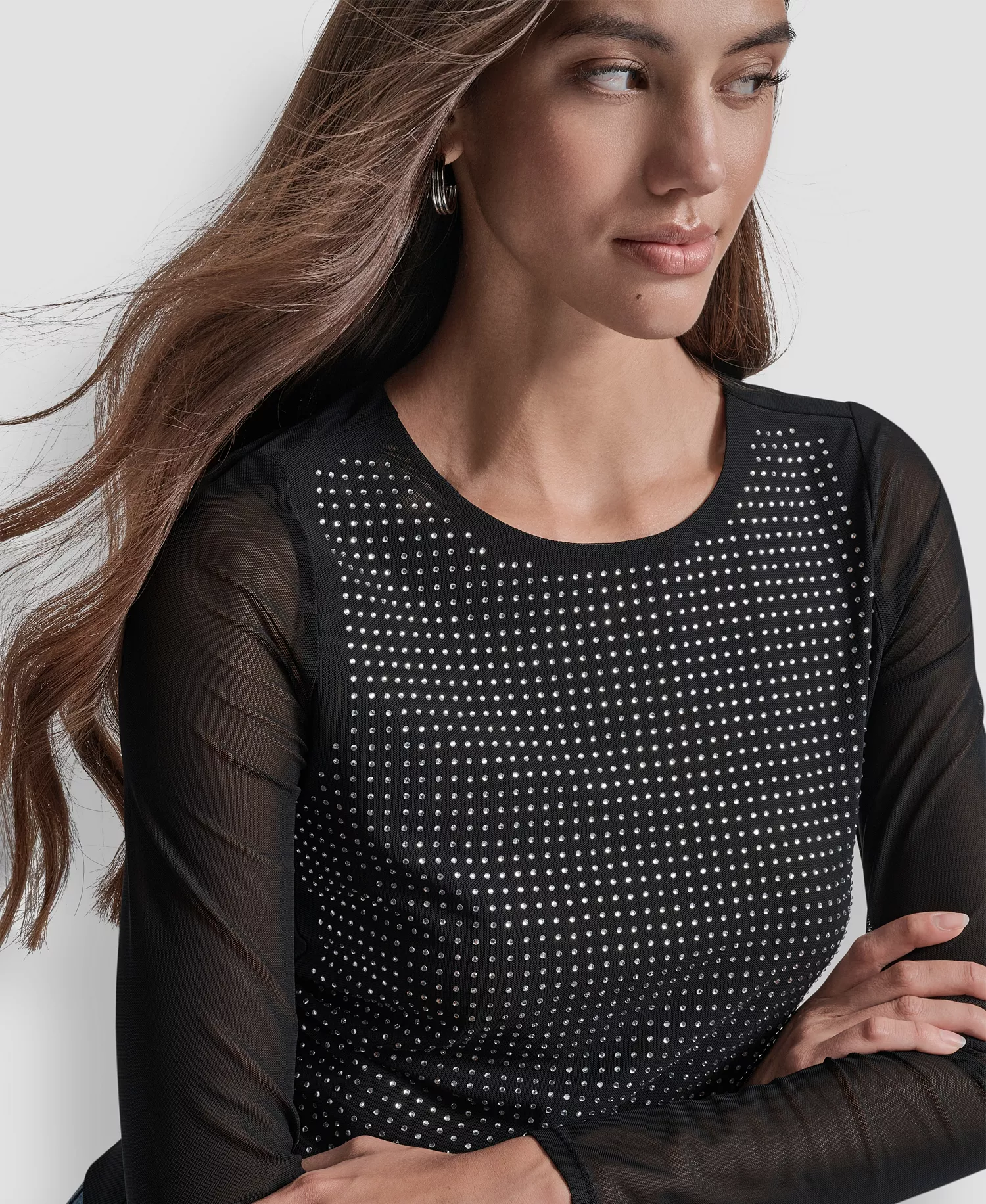 Women's Dome Studs Mesh Long Sleeve Slim Fit Top - Black/Silver - L