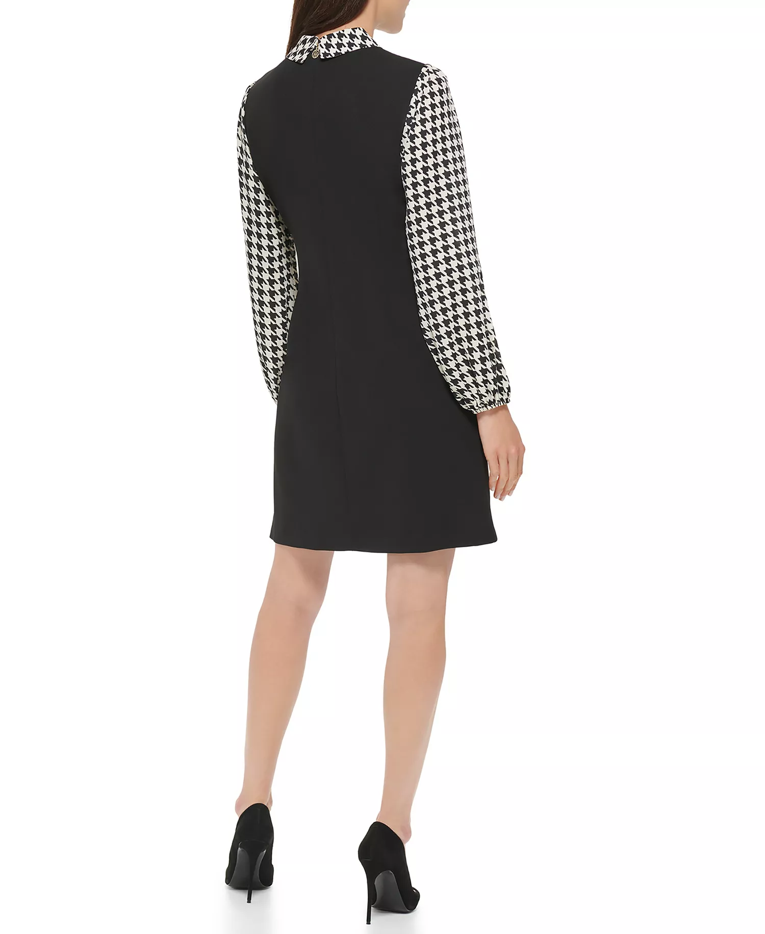 Women's Collared Long-Sleeve Shift Dress - Black, White - 6