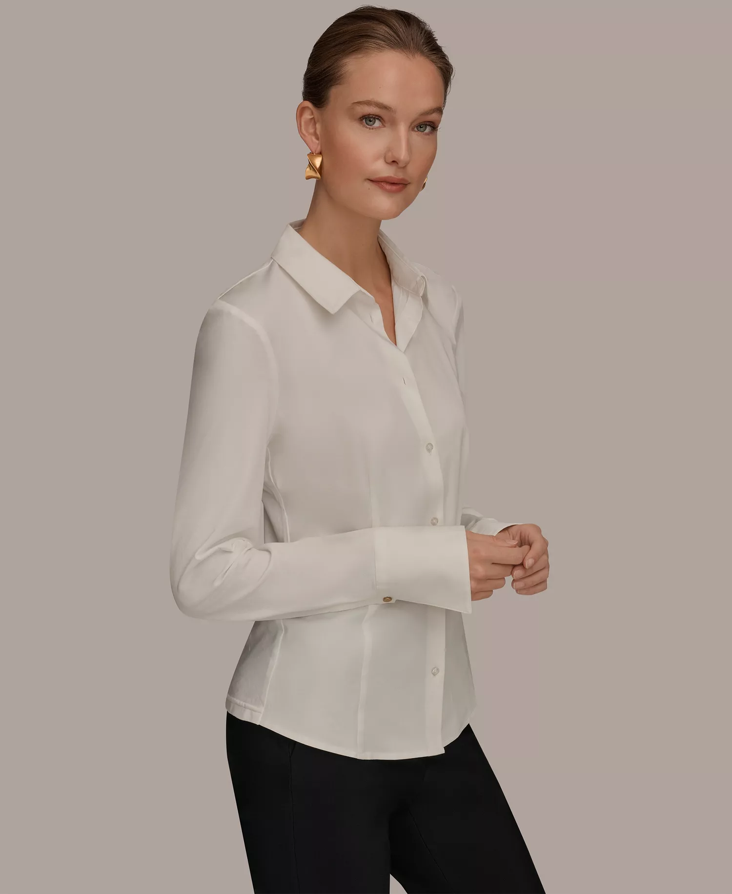 Women's Mixed Media Long-Sleeve Poplin Shirt - Cream - L