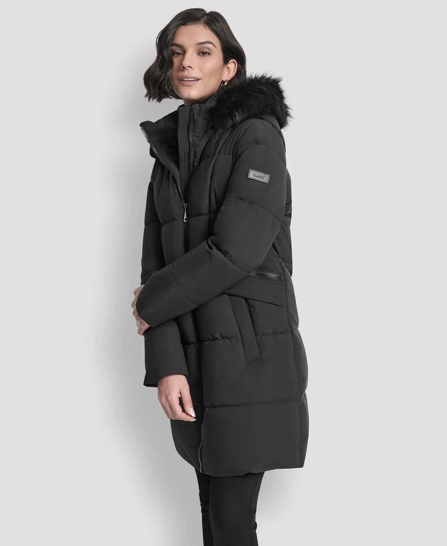 Women's Hooded Zipper Puffer Coat - Black - L