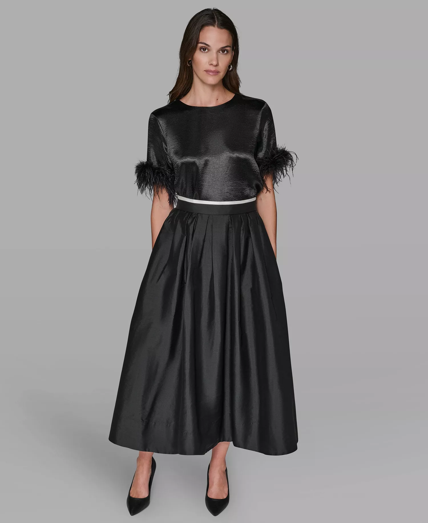 Women's Crewneck Feather Trim Top - Black - M