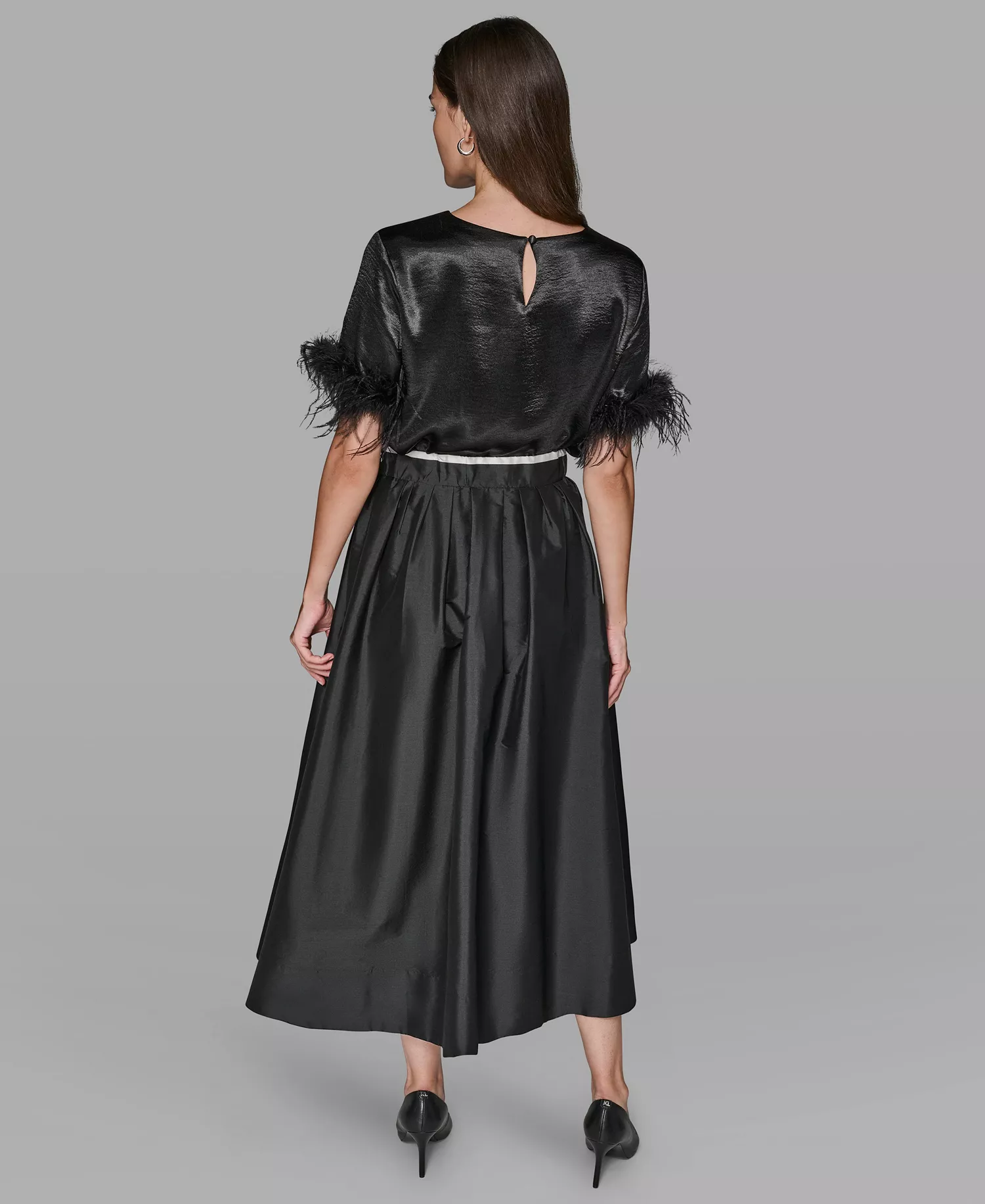 Women's Crewneck Feather Trim Top - Black - M