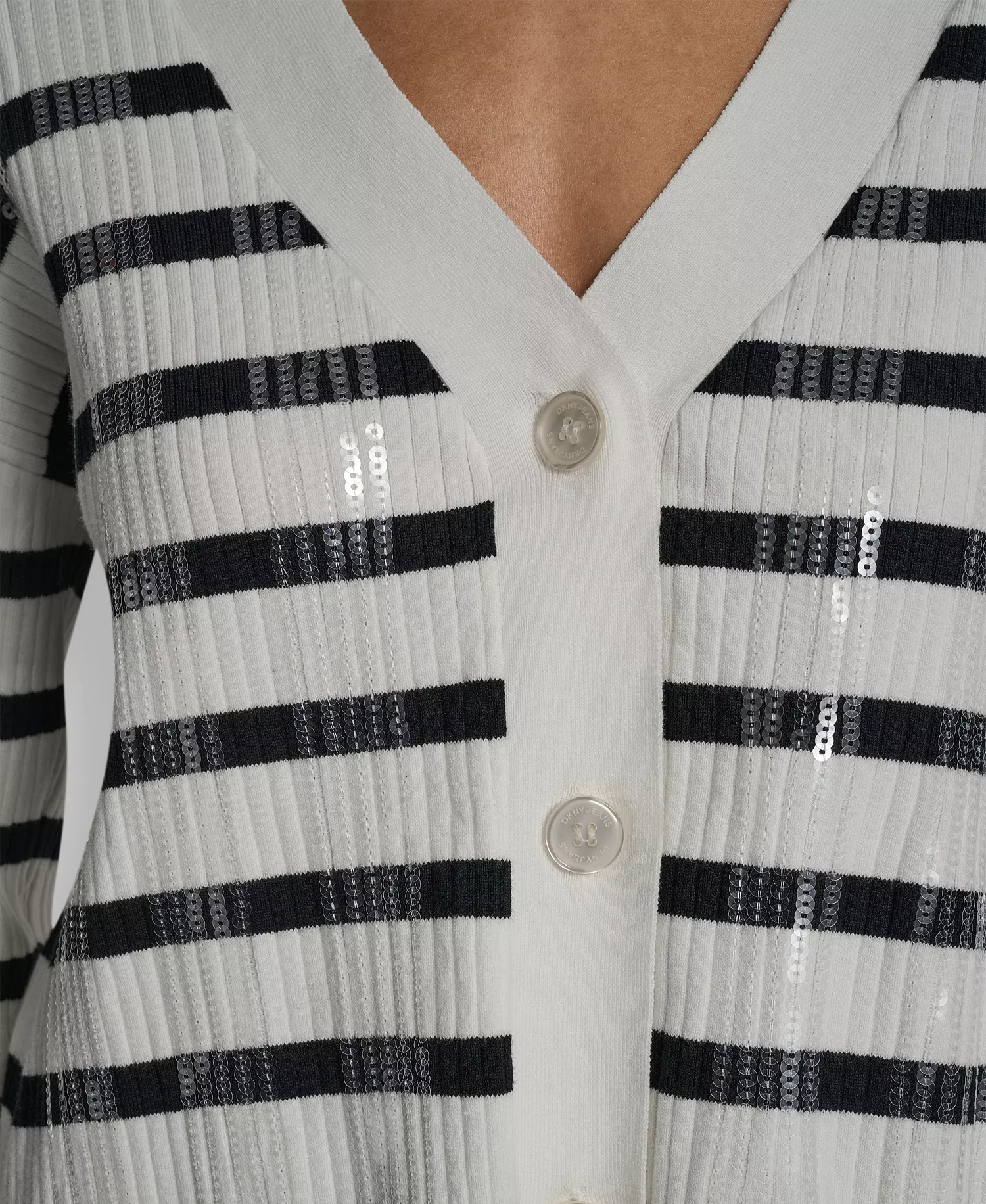 Women's Striped Sequin & Stripe V-Neck Boxy Cropped Long-Sleeve Cardigan Sweater - Black/ivory - L