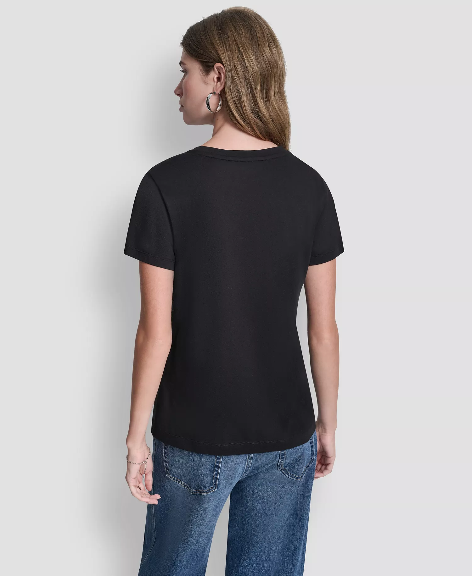 Women's Crew Neck Stacked Rhinestone T-Shirt - Black/Silver/Silver - L