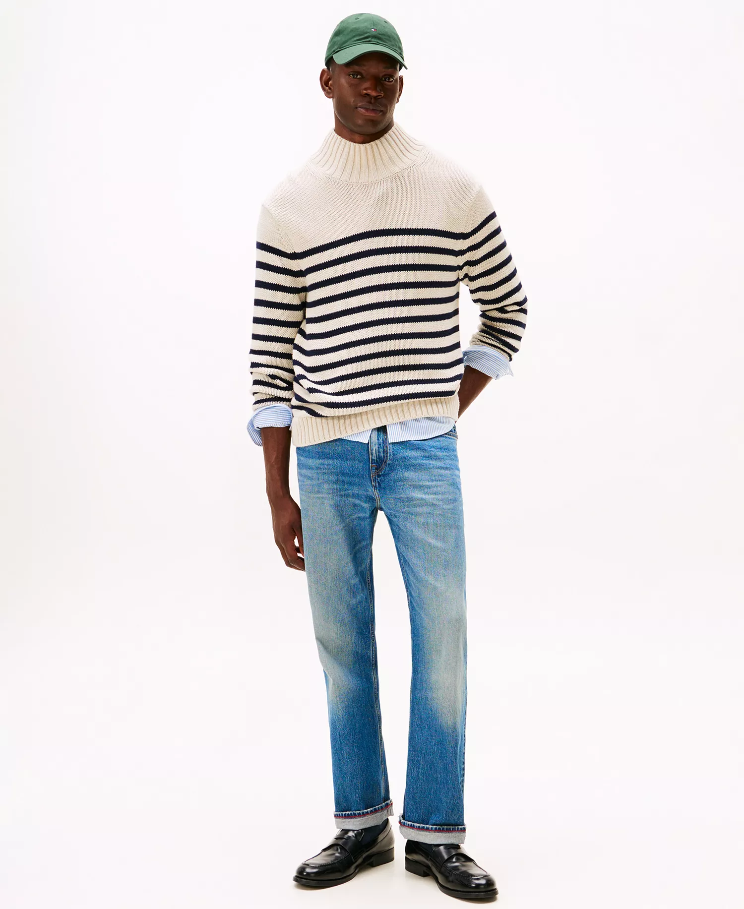 Men's Breton Stripe Mockneck Sweater - Oatmilk Heather/Desert Sky - L