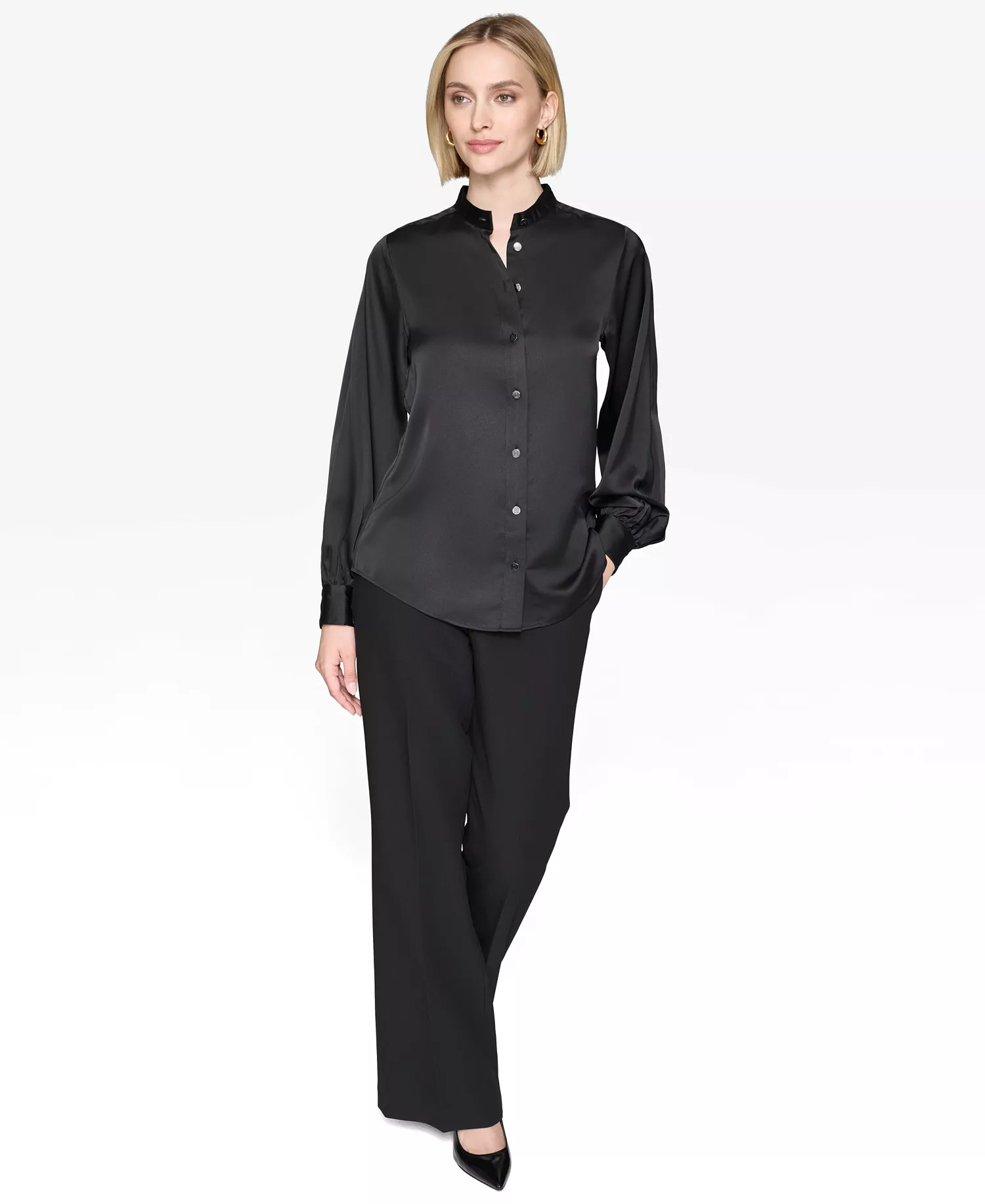 Women's Band-Collar Blouse - Black - L