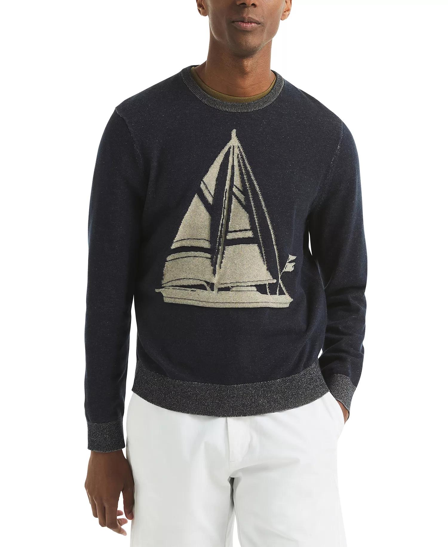 Men's Plaited Sailboat Graphic Crewneck Sweater - Navy Seas - 2XL