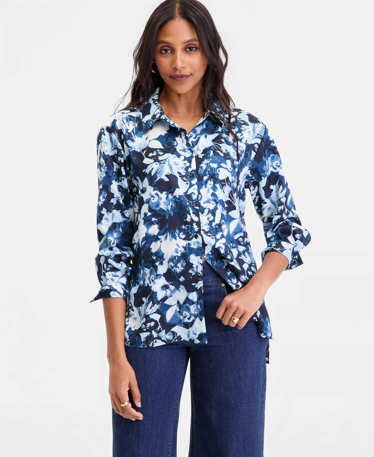 Women's Long-Sleeve Printed Button-Front Collared Shirt, Macy's Exclusive - Luna Blooms - L
