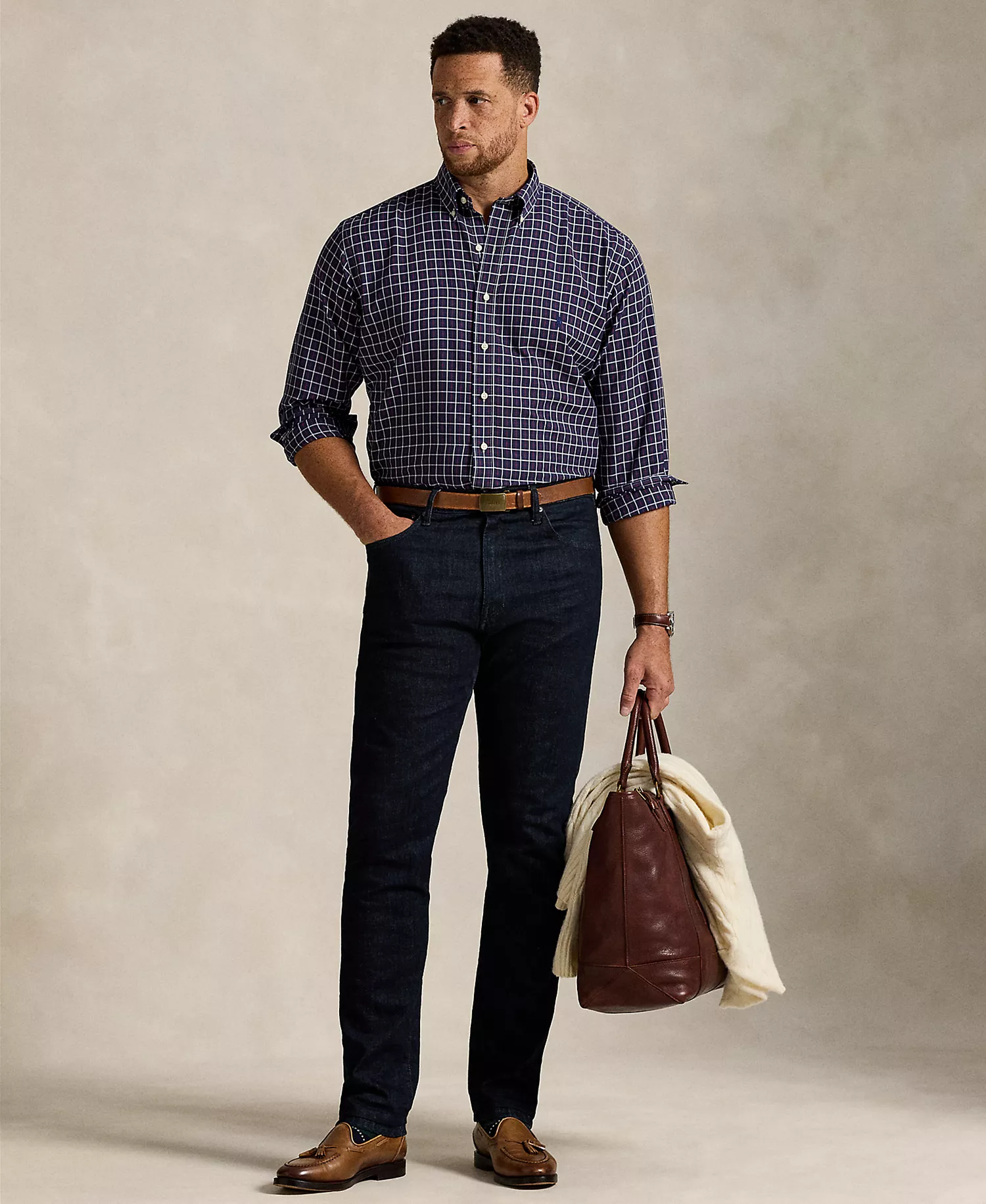 Men's B&T Long Sleeve Performance Oxford Shirt - Navy Wine Multi - 2LT