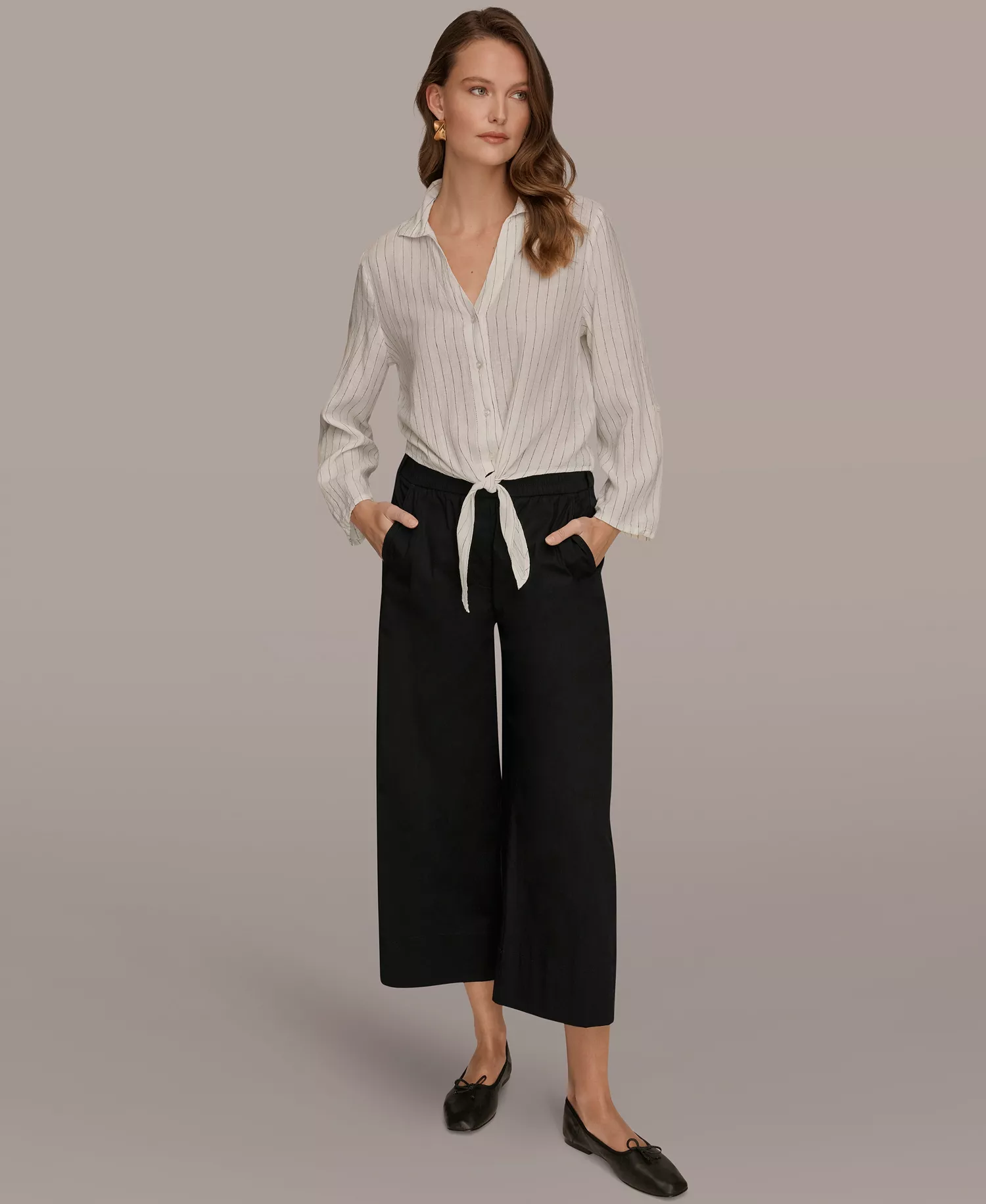 Women's Linen Button-Front Tie Blouse - Cream/Black - L