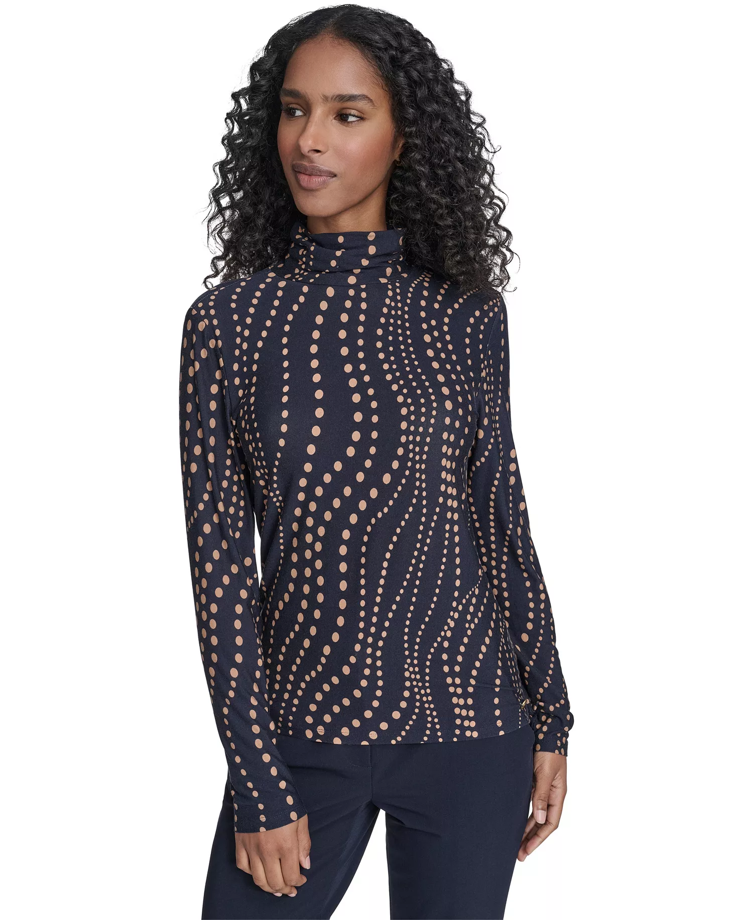 Women's Long Sleeve Cascade Dot Turtleneck Top - Midnight/ Brown Sugar - L