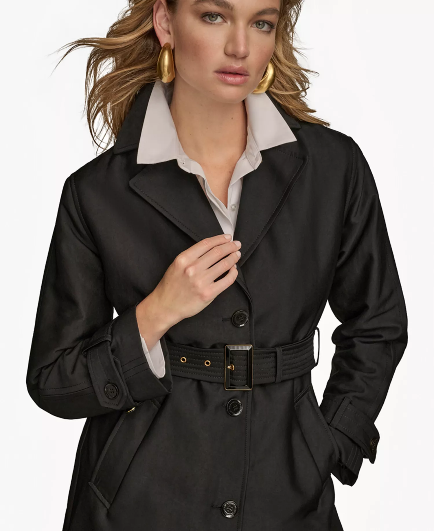 Women's Single-Breasted Belted Trench Coat - Black - L