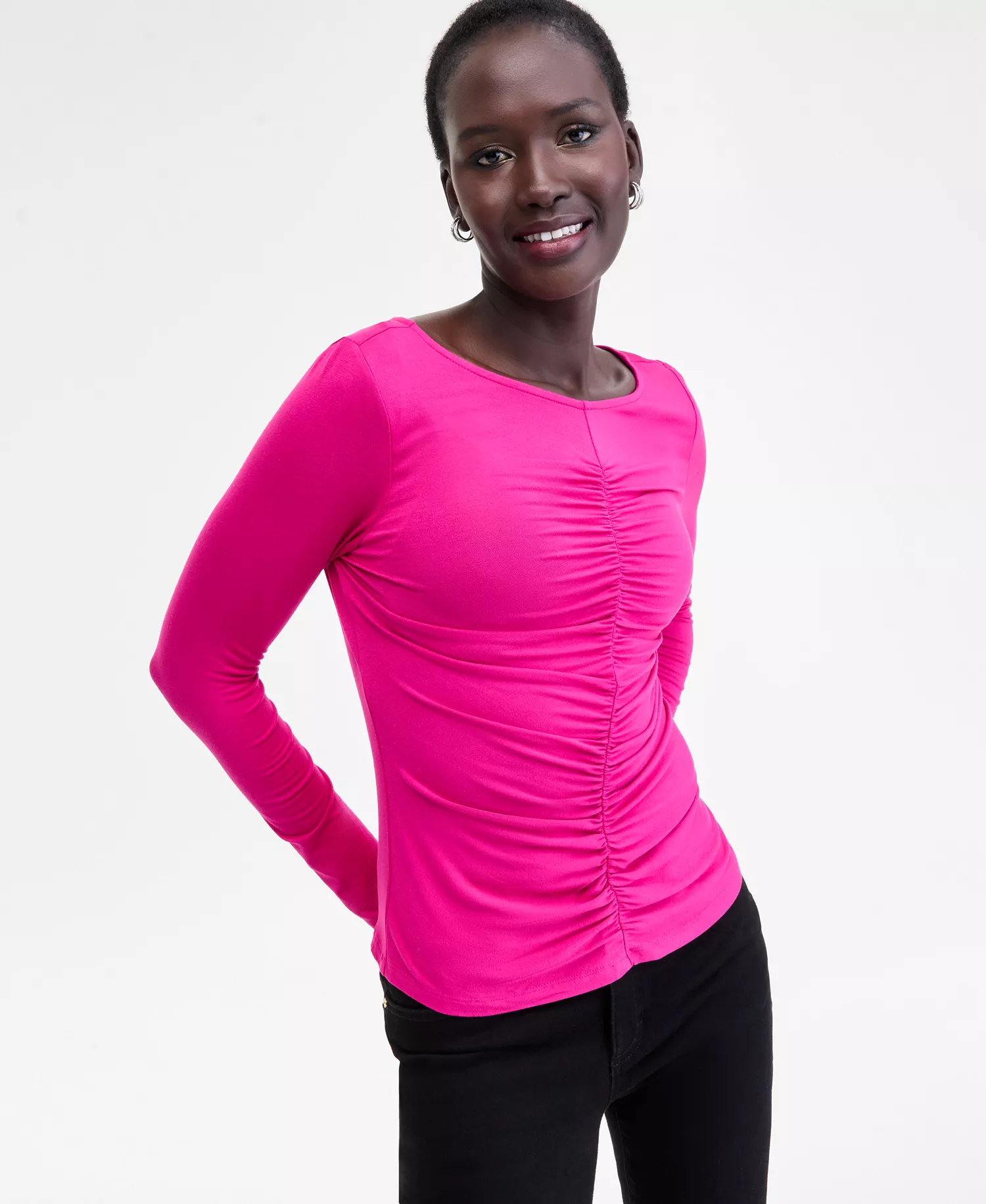 Women's Shirred-Front Long-Sleeve Top, Macy's Exclusive - Bright Fuchsia - L