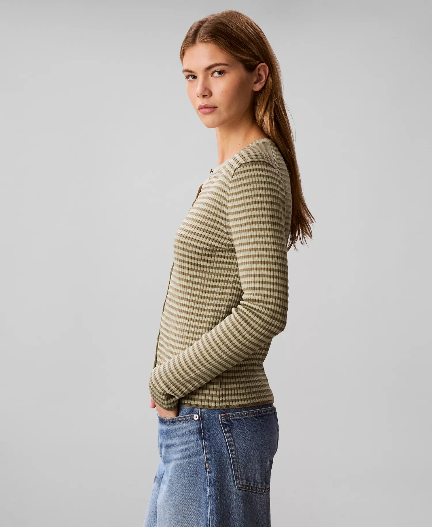 Women's Striped Long-Sleeve Sweater - Deep Lichen Green - L