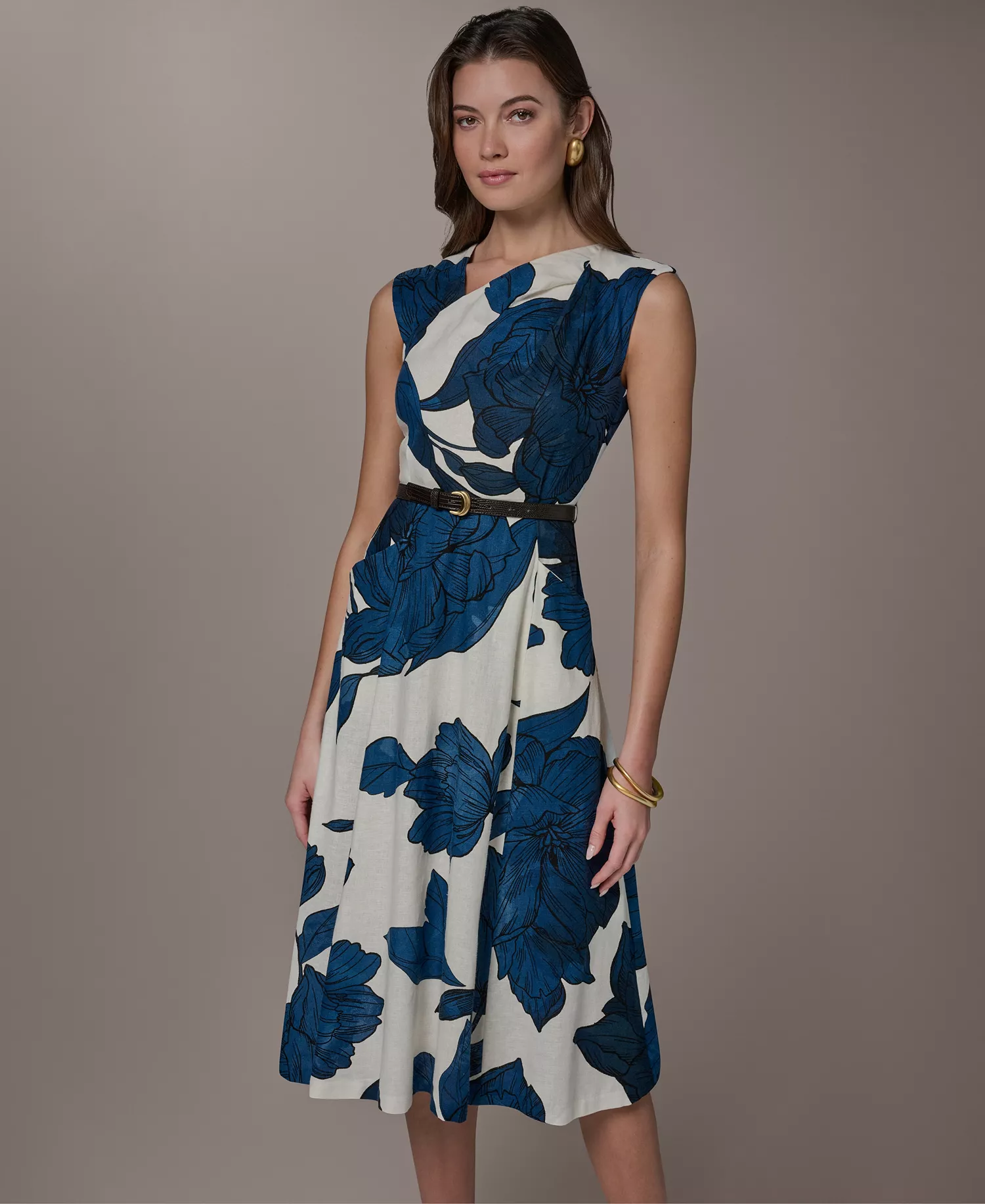 Women's Asymmetrical Neck A-Line Midi Dress - Cream/Nightfall Multi - 10