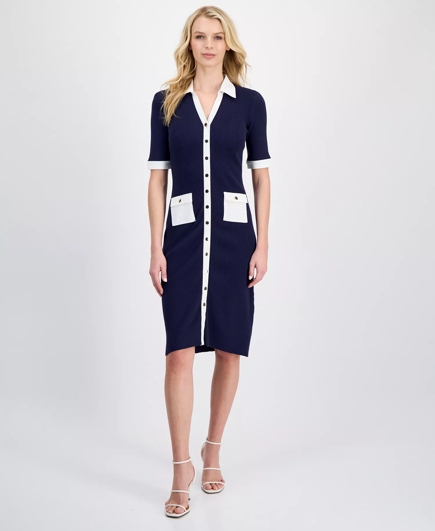 Women's Ribbed Knit Contrast Trim Sheath Dress - Navy With White - L