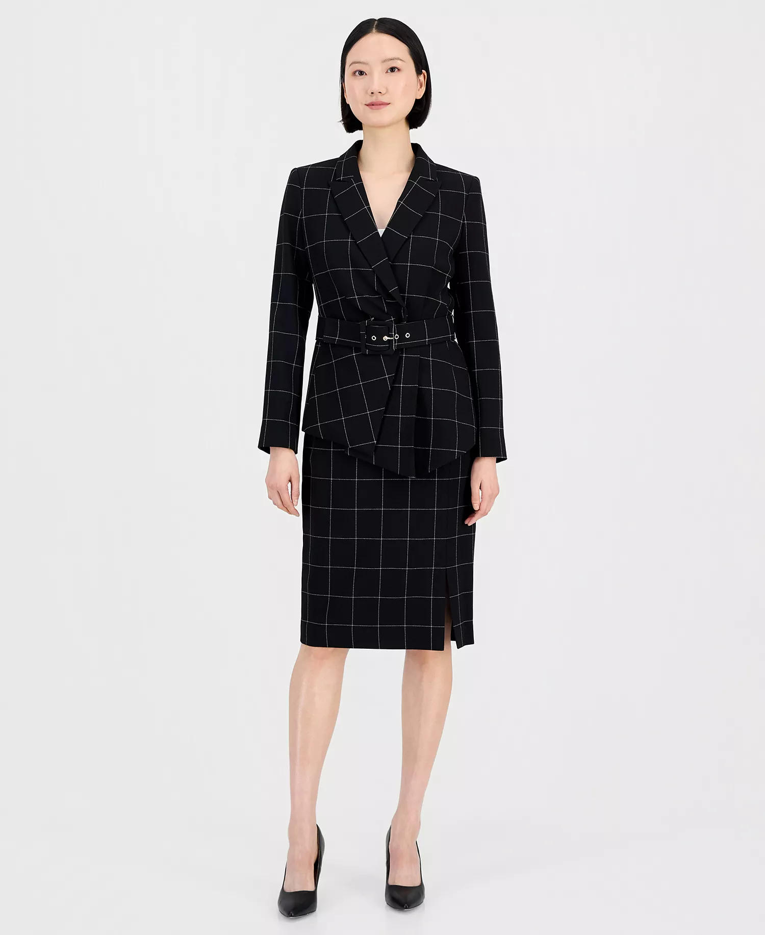 Women's Windowpane-Print Skirt Suit Set - Blk/ivory - 12