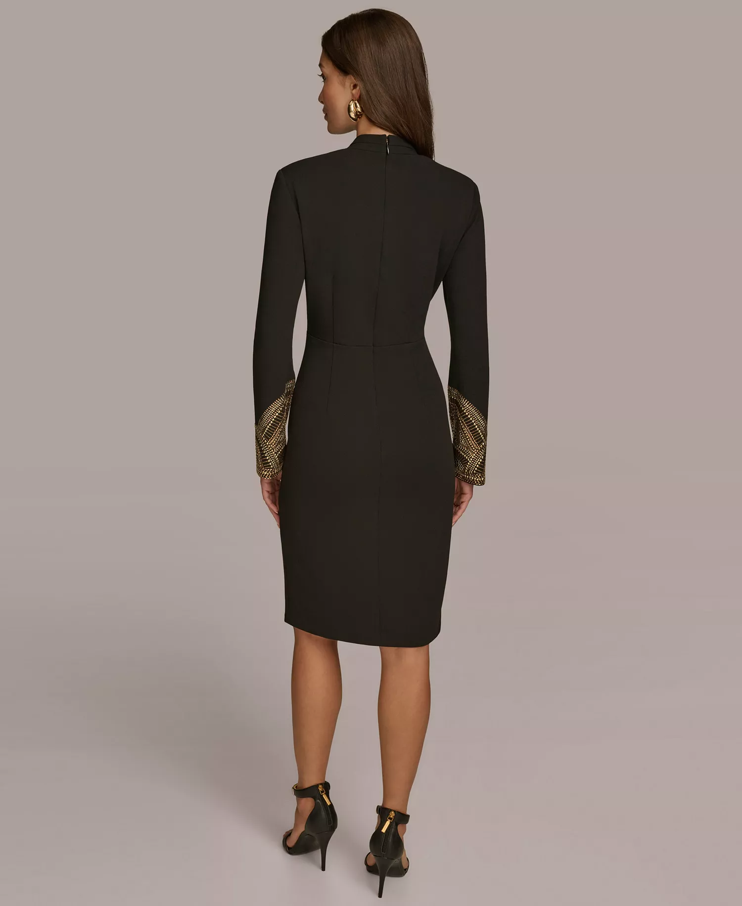 Women's Long-Sleeve V-Neck Hot Fix Sheath Midi Dress - Black/Gold - 10