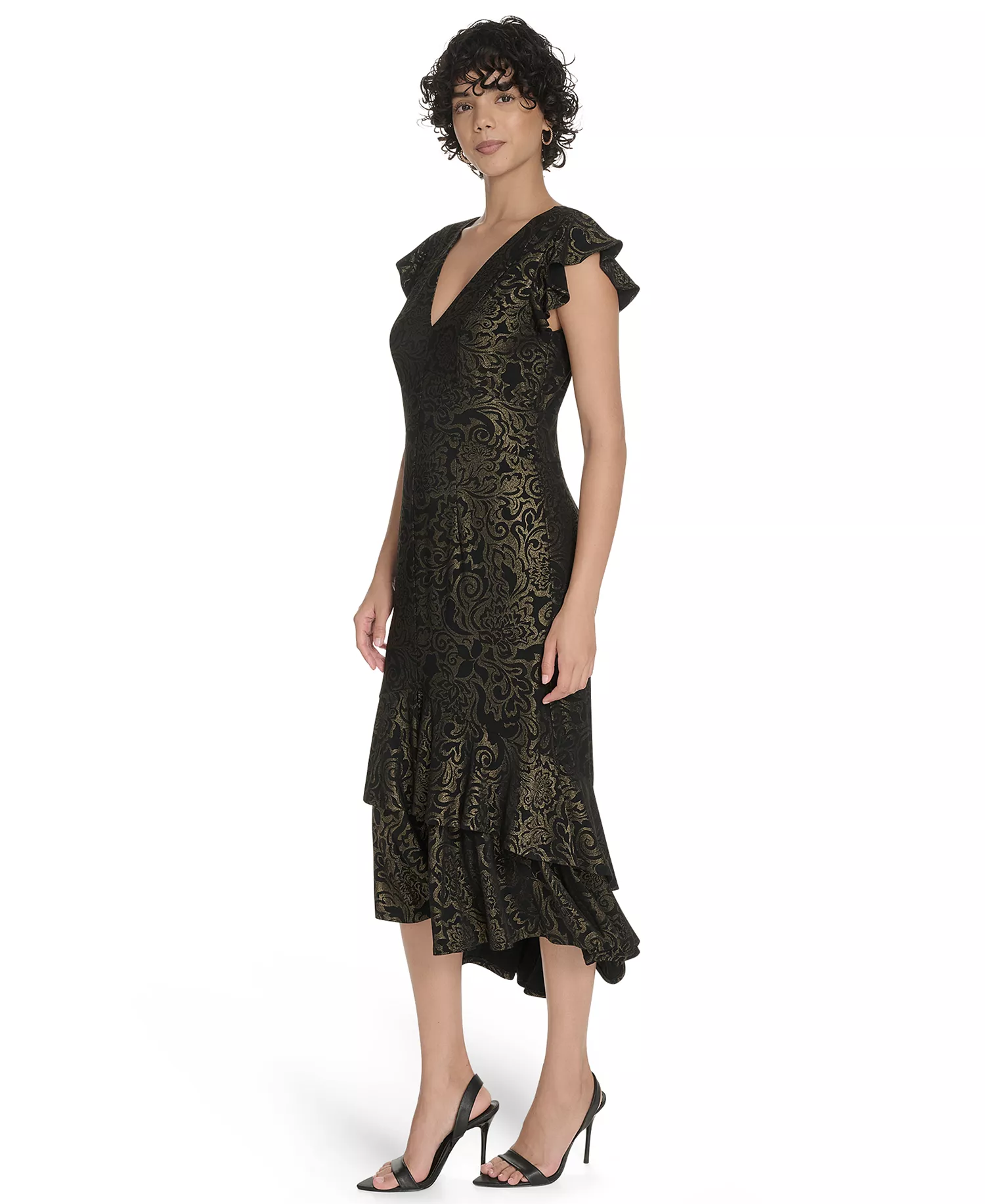 Petite Flutter Sleeve Foil Midi Dress - Black/Gold - 0P