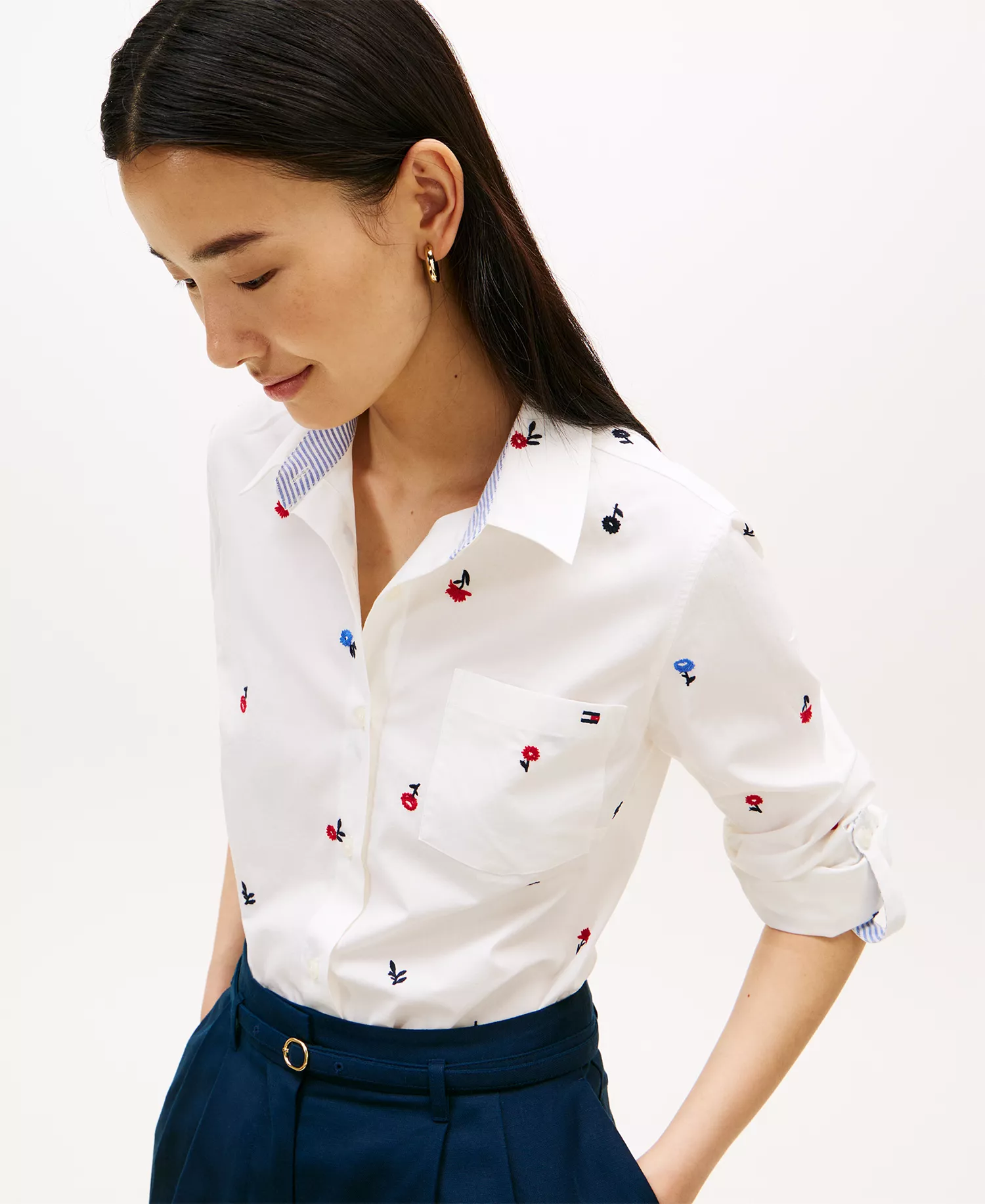Women's Printed Roll-Tab Collared Shirt - Ecru - L