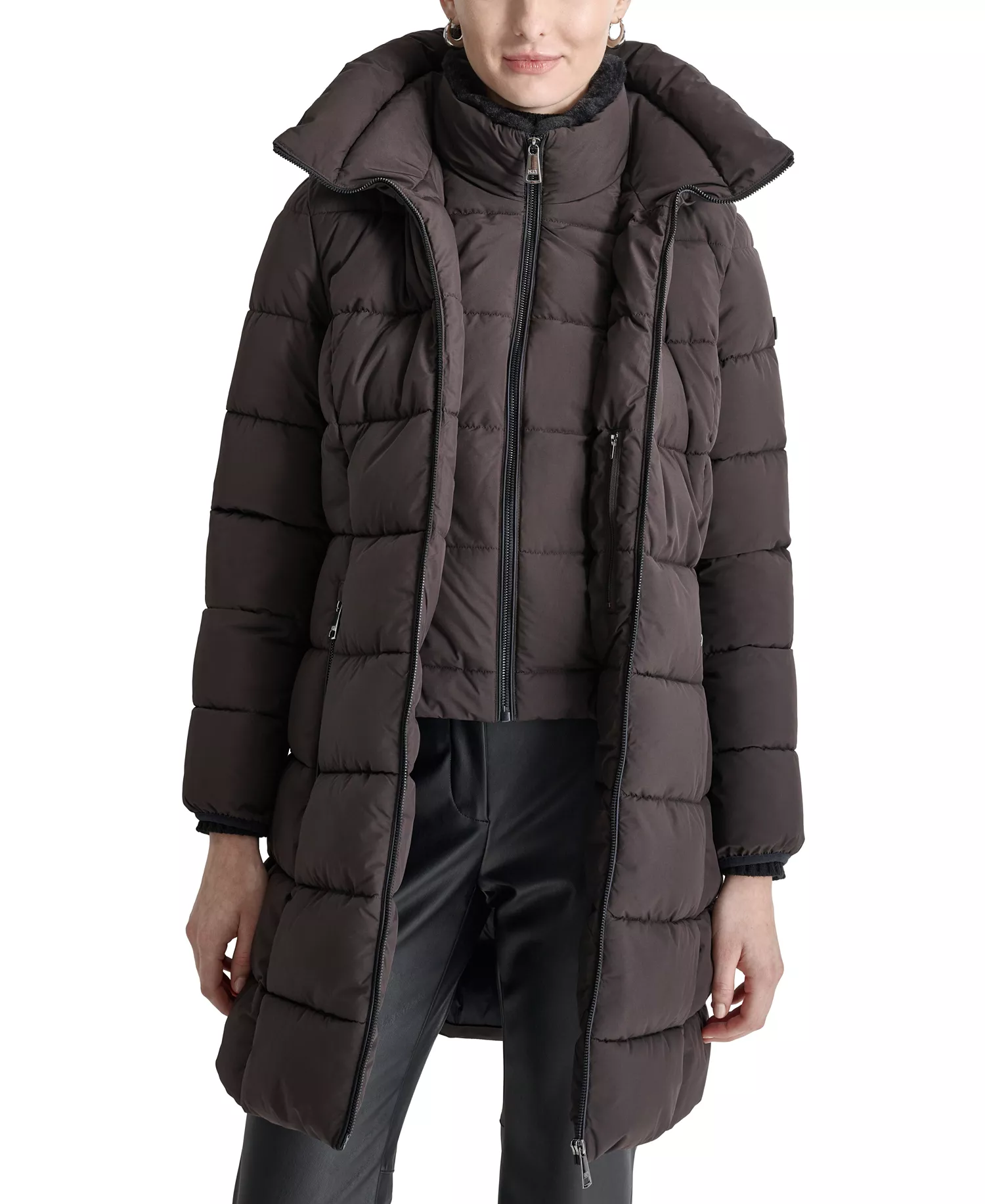 Women's Bibbed Hooded Zip-Front Puffer Coat - Bitter - M