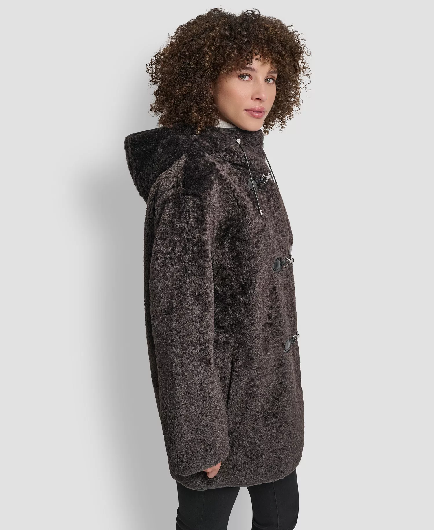 Women's Shearling Hooded Toggle Coat - Bitter - L