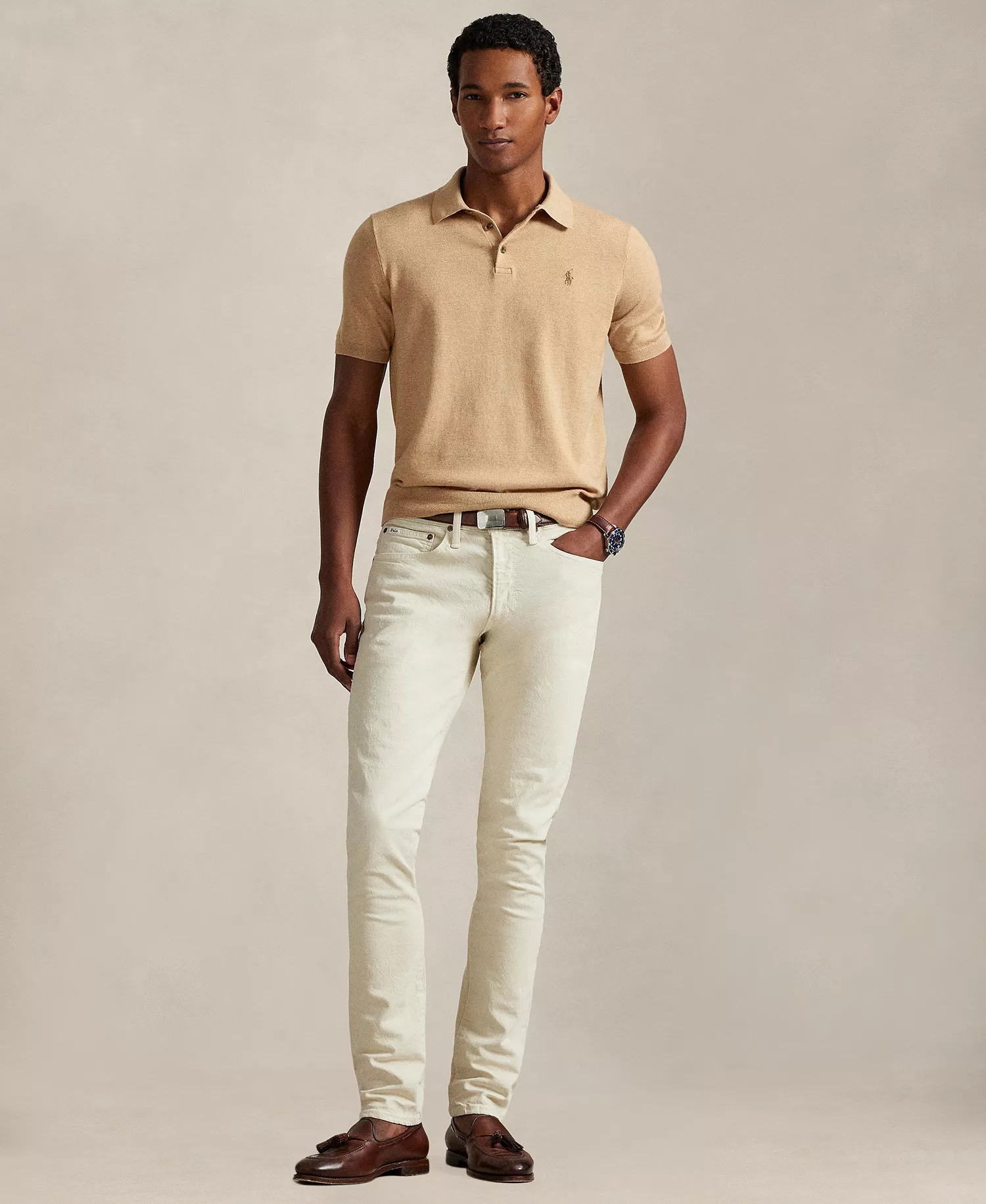 Men's Polo-Collar Sweater - Camel Melange - 2XL