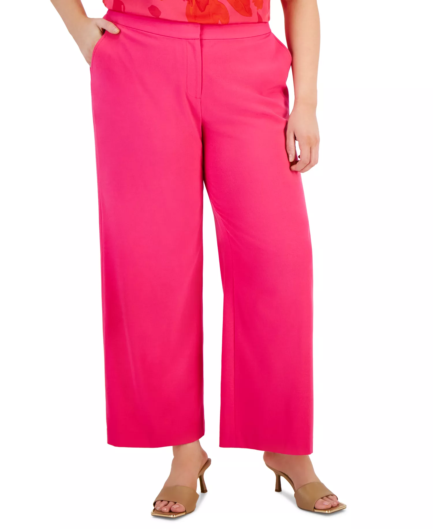 Plus Size Mid-Rise Wide-Leg Full-Length Pants - Hot Pink - 24W