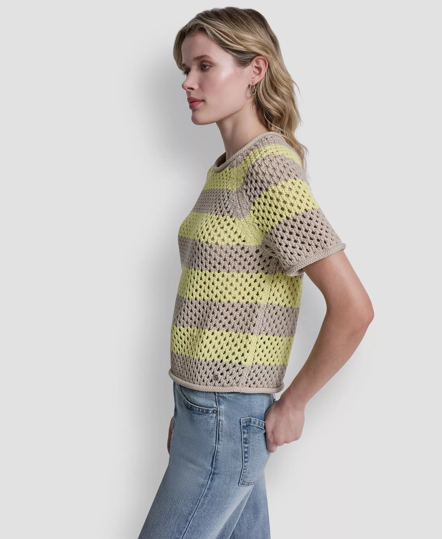 Women's Short-Sleeve Raglan Stripe Pointelle Pull-On Sweater - Pebble/lemon Light - L