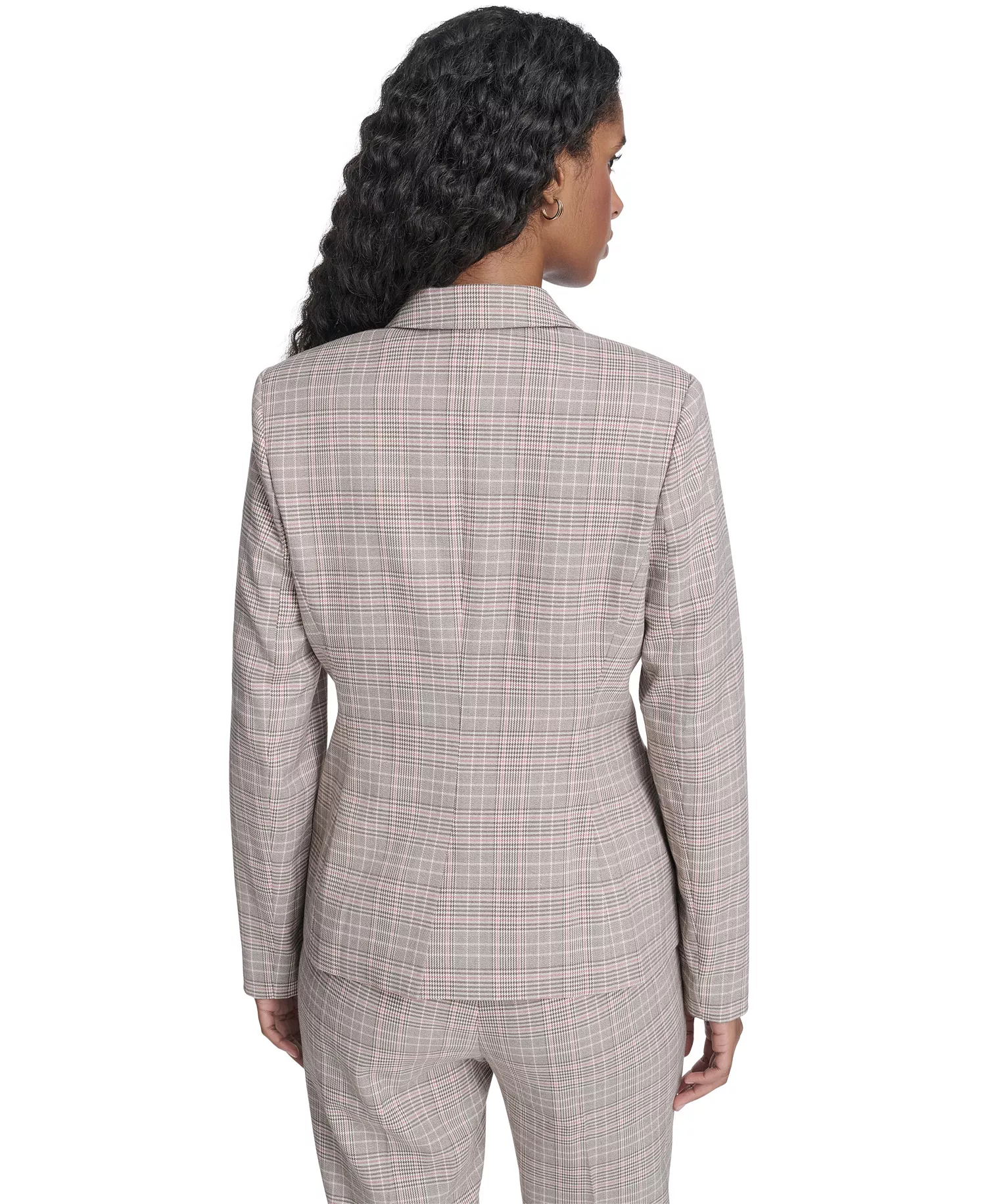 Women's Plaid One Button Blazer Jacket, Floral Clip Draped Crew Neck Top, and Plaid Sloane Ankle Pants - Pale Pink Multi - 0