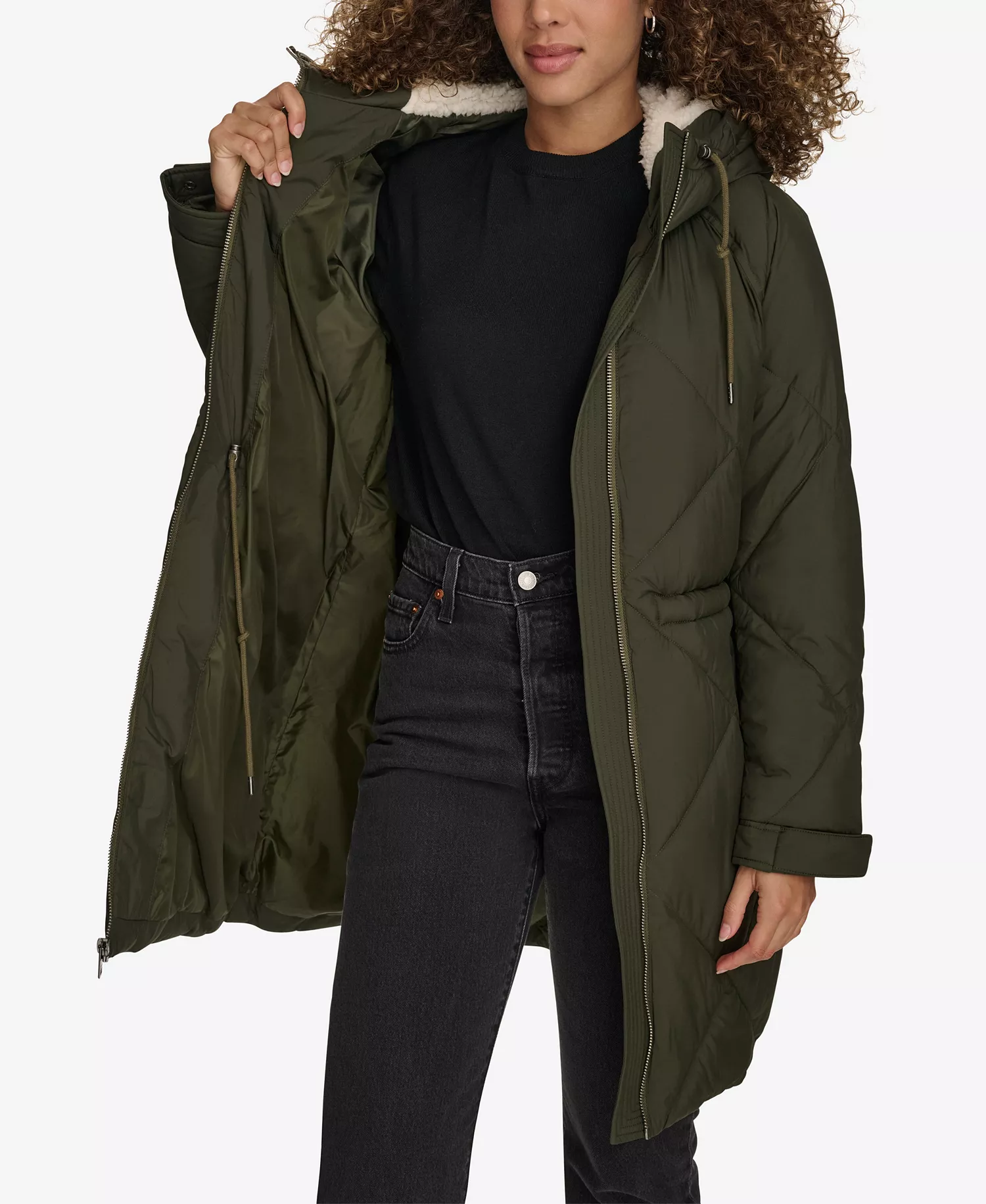 Women's Diamond Quilted Cinch Waist Parka Jacket - Army Green - L