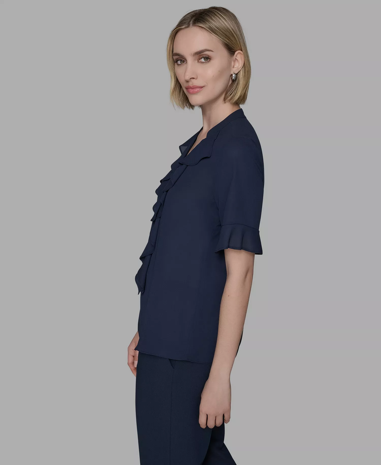 Women's V-Neck Ruffle Front Top - Navy - L