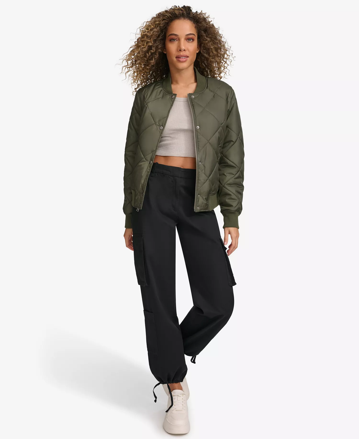 Women's Regular Diamond Quilted Sherpa Lined Bomber Jacket - Army Green - L