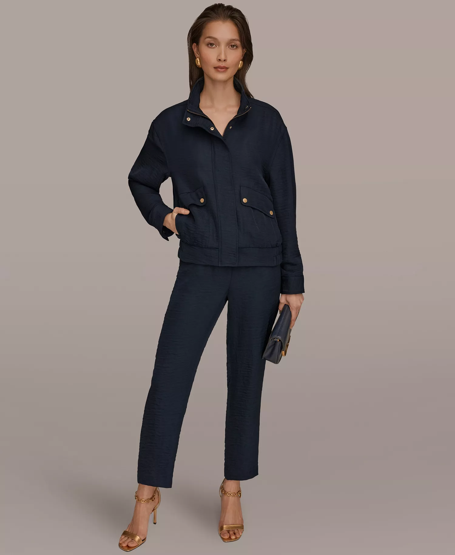 Women's Zip-Up Jacket, Cowl Neck Top and Pleated Straight Pants - Nightfall - L