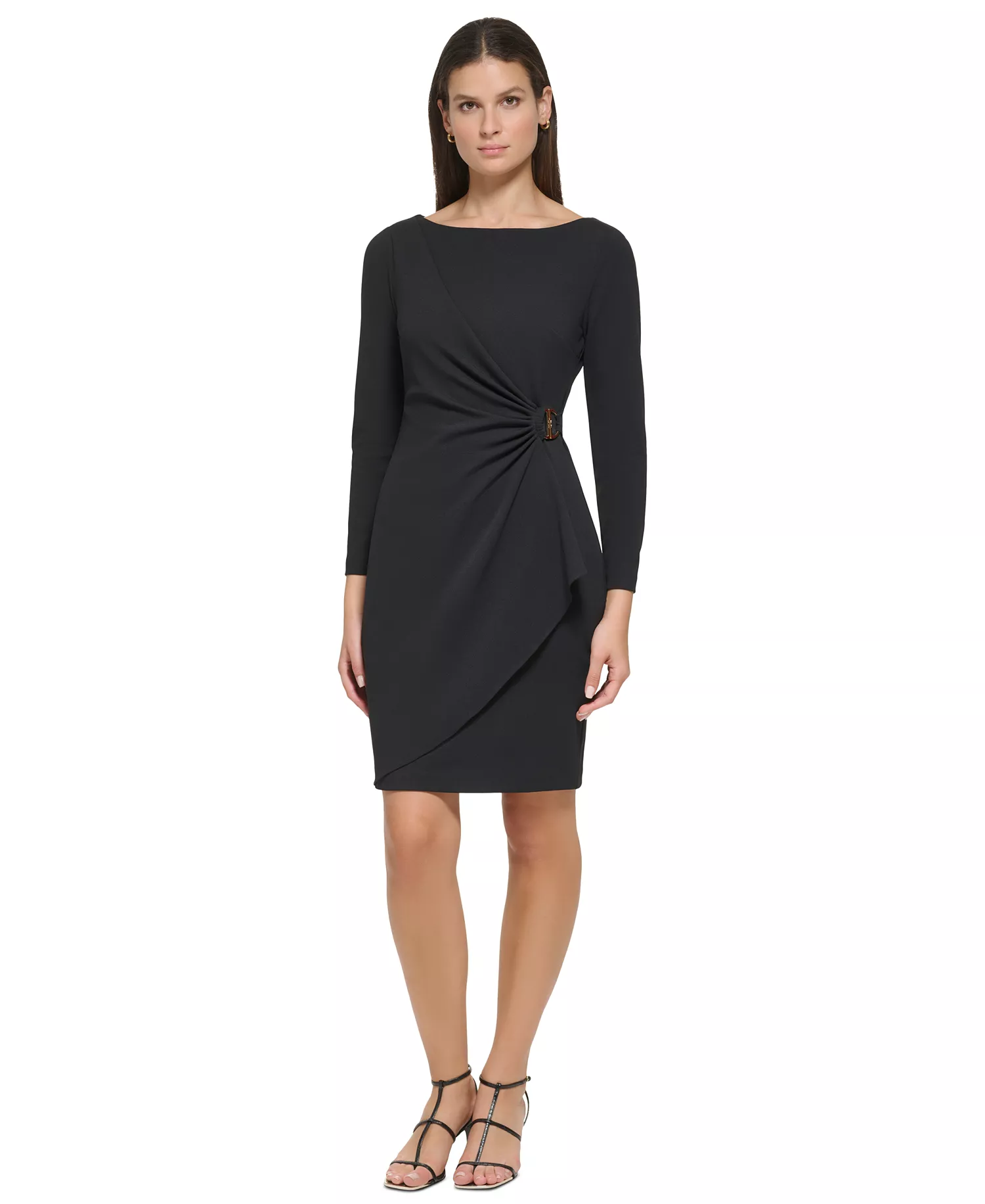 Women's Side-Ruched D-Buckle Boat-Neck Dress - Black - 10