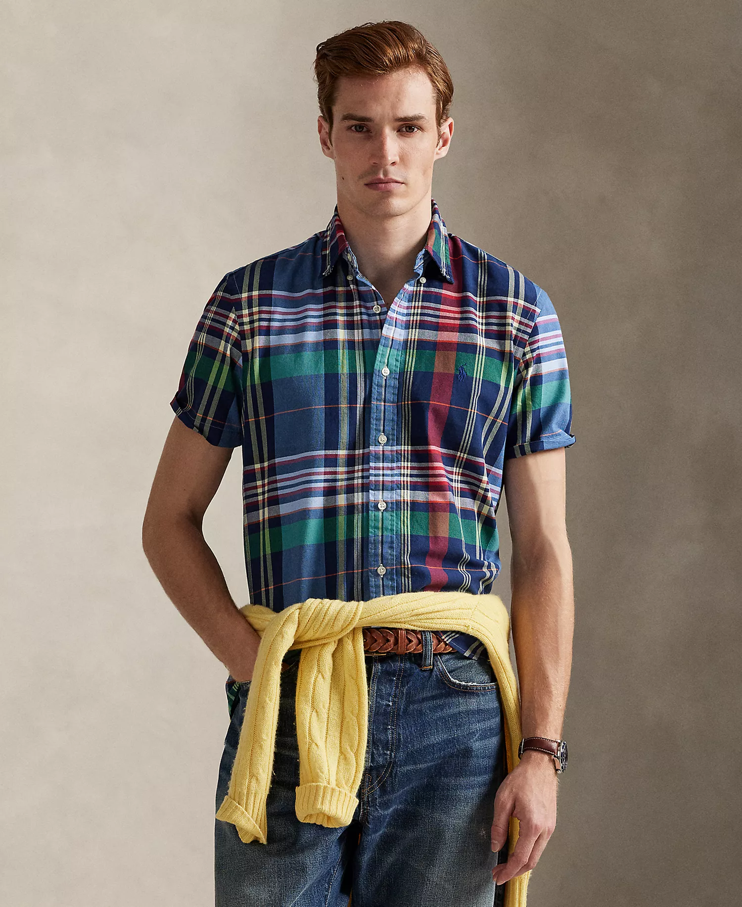 Men's Classic-Fit Yarn-Dyed Plaid Cotton Oxford Button-Down Shirt - Blue Red Multi - XS