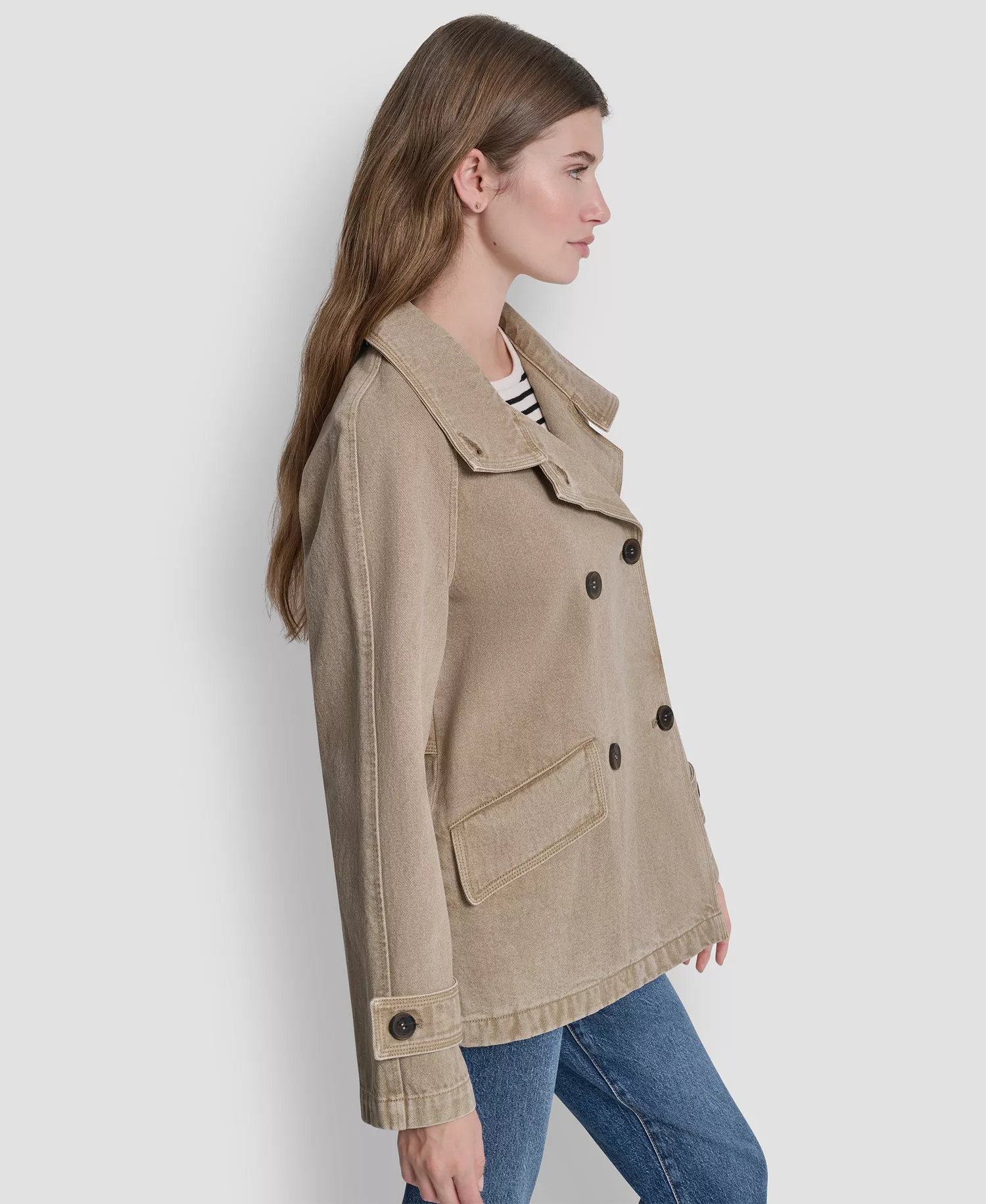 Women's Denim Double Breasted A-Line Coat - Khaki - L
