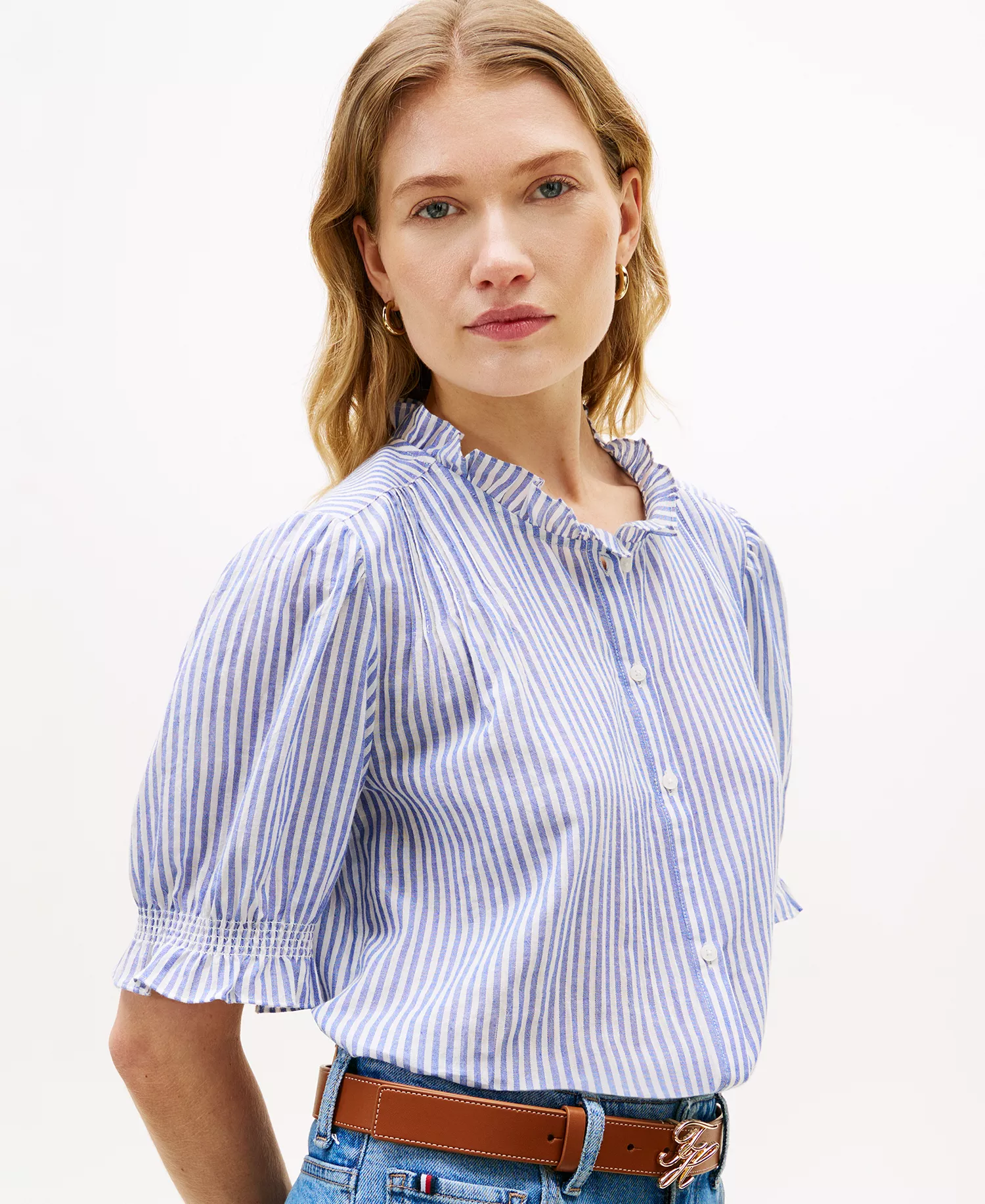 Women's Pin Tuck Cambric Short-Sleeve Blouse - Blue - L