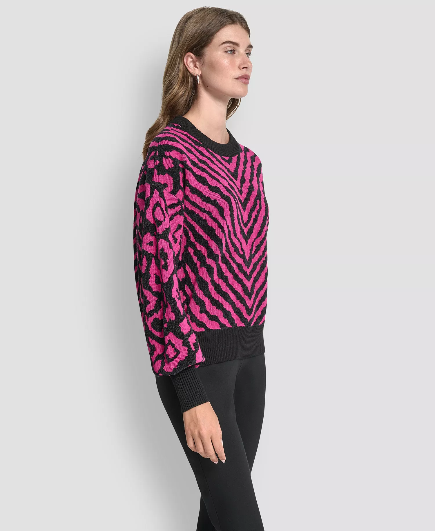 Women's Long-Sleeve Animal-Flocked Sweater - Fuchsia/black - L