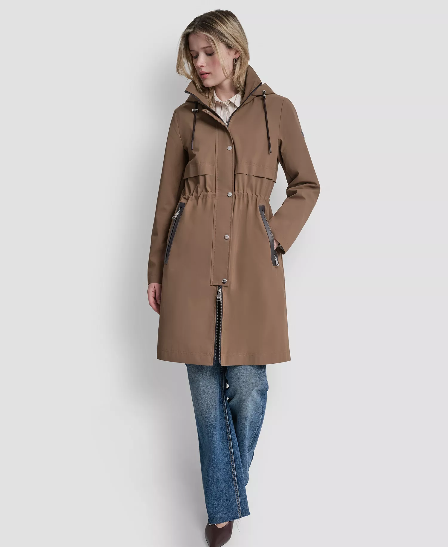 Women's Pleather Trim Anorak Rain Coat - Mocha - L