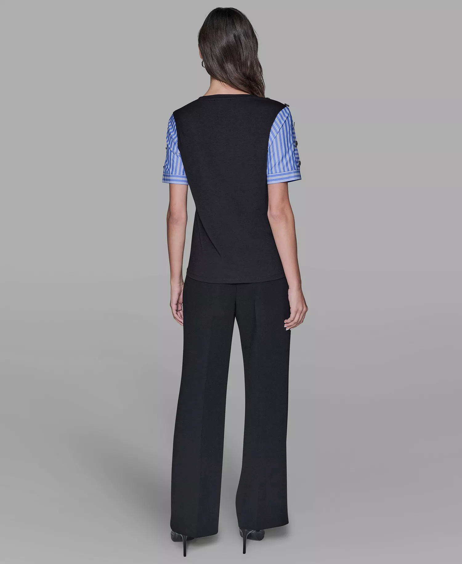 Women's Pinstripe-Sleeve Pull-On Blouse - Black - L