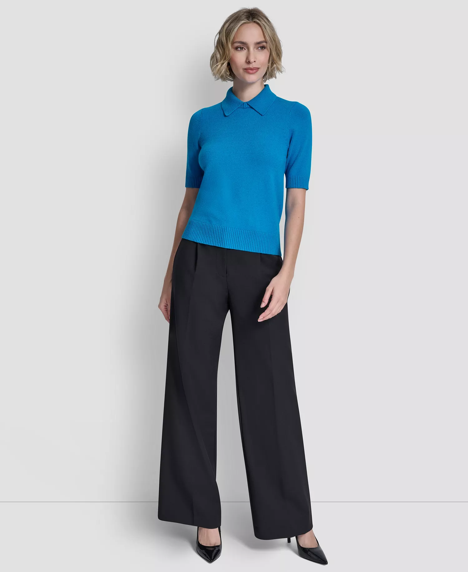 Women's Short-Sleeve Collared Sweater - Ocean Blue - L