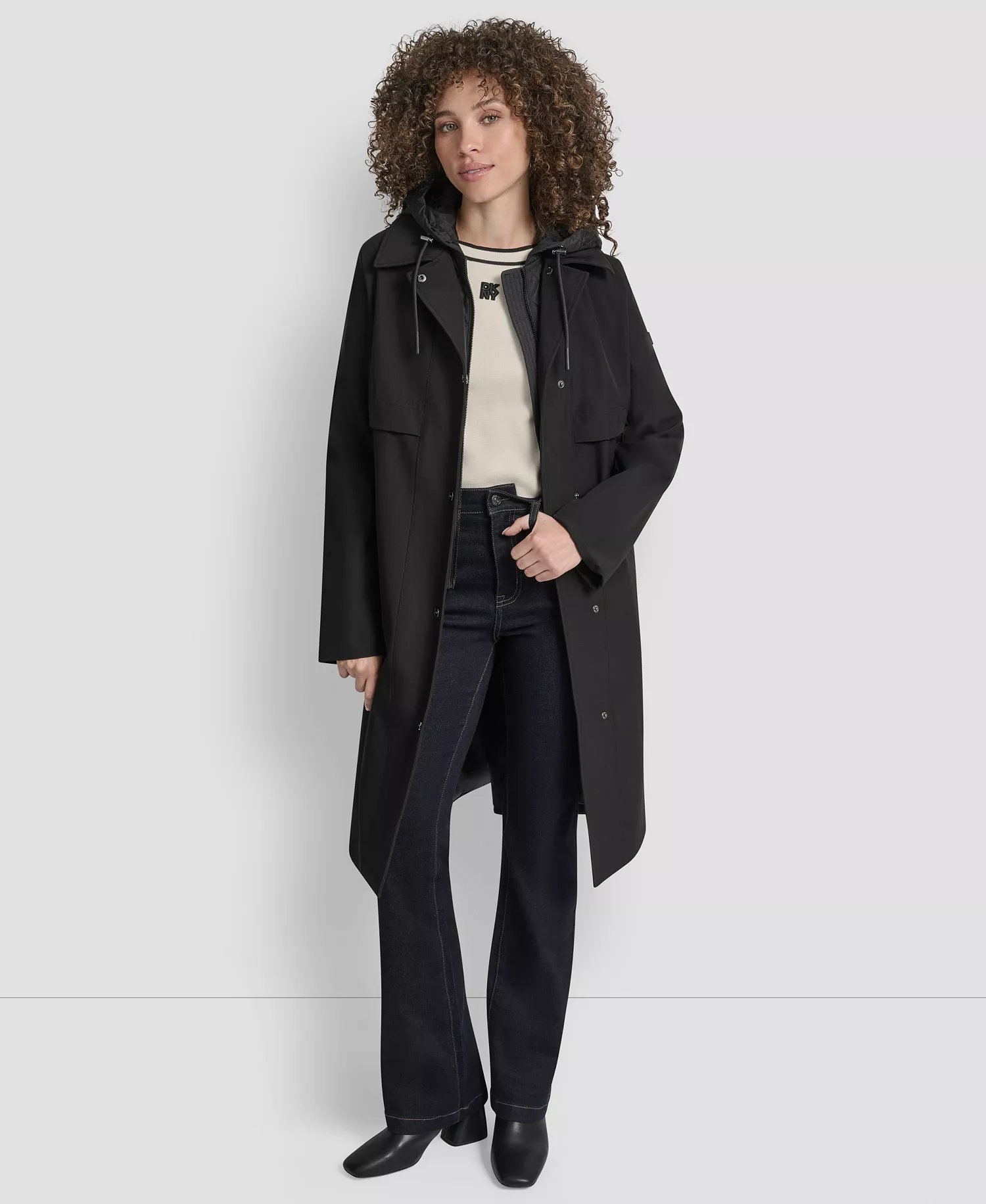 Women's Hooded Bibbed Belted Trench Coat - Black - L
